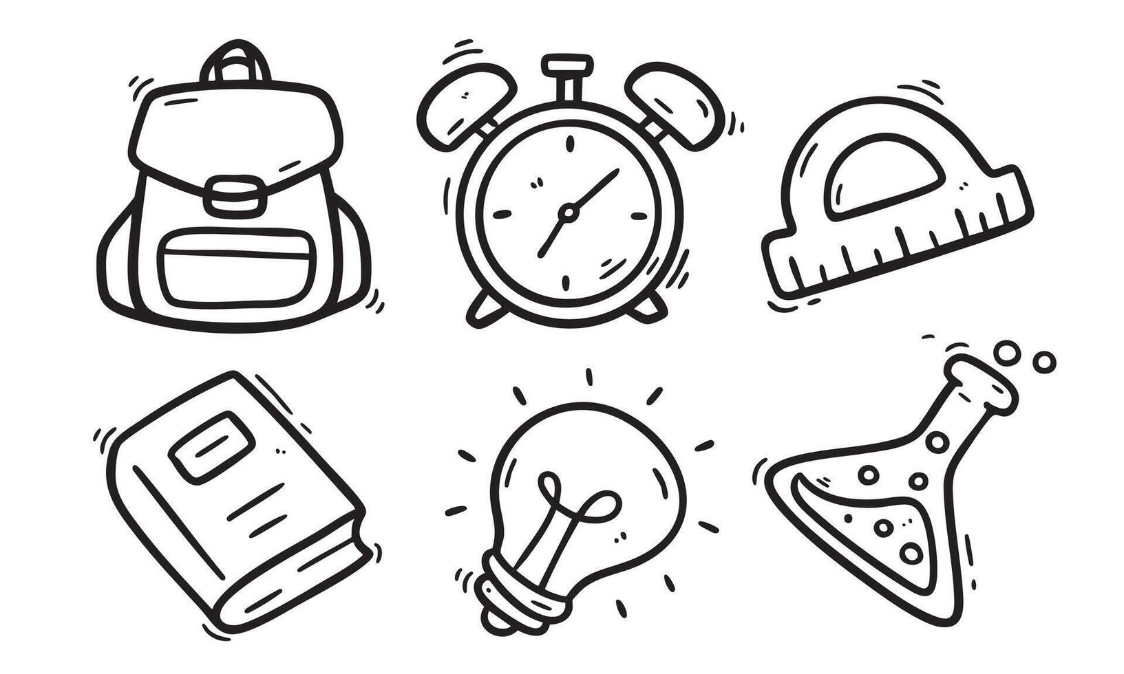 Set of 6 hand drawn black line doodle icons including backpack, alarm clock, protractor, book, light bulb, and lab flask. Ideal for school, education, and creative learning design projects. vector