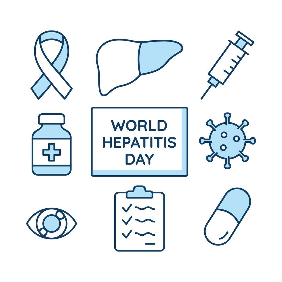 Flat line illustration featuring liver, syringe, ribbon, virus, and medical elements to raise awareness for World Hepatitis Day. Ideal for health campaigns and medical education visuals. vector