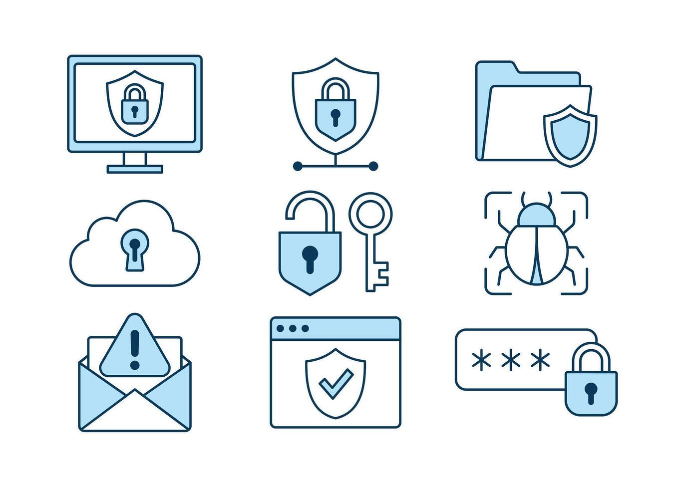 Icon collection representing cyber security concepts such as firewall, password, encryption, malware, phishing, data protection, cloud security, and network safety in modern line style. vector
