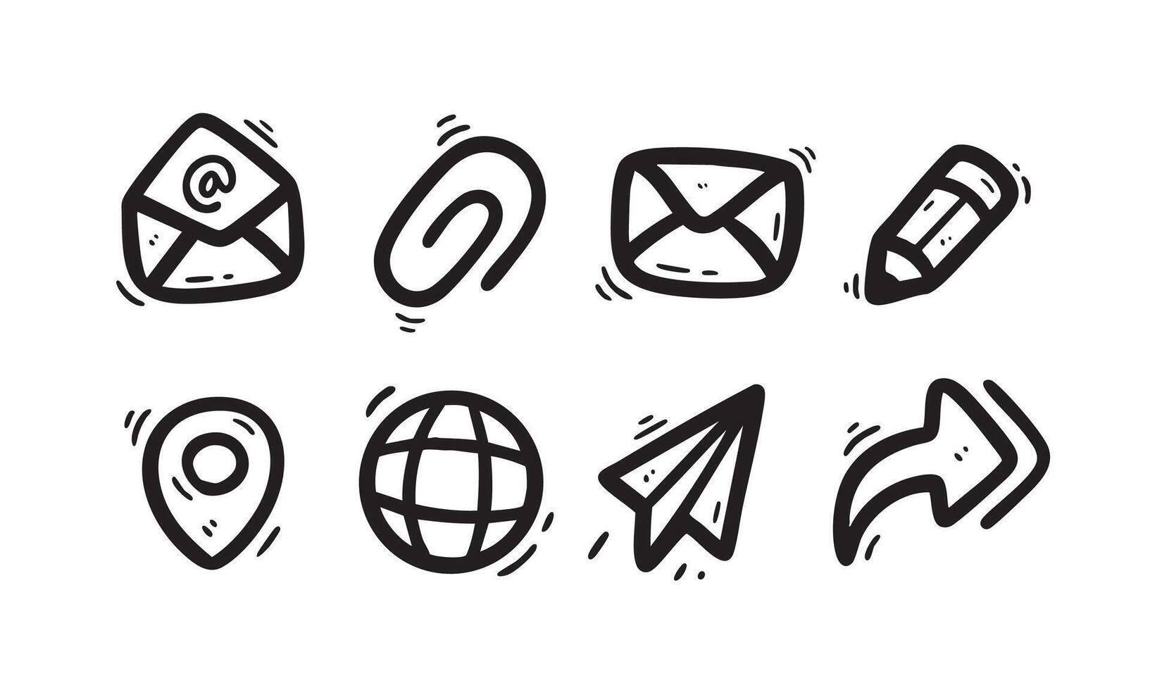 A set of 8 hand drawn black line icons including email, link, message, pencil, location, globe, paper plane, and reply arrow. Fun doodle style perfect for digital design and communication apps. vector