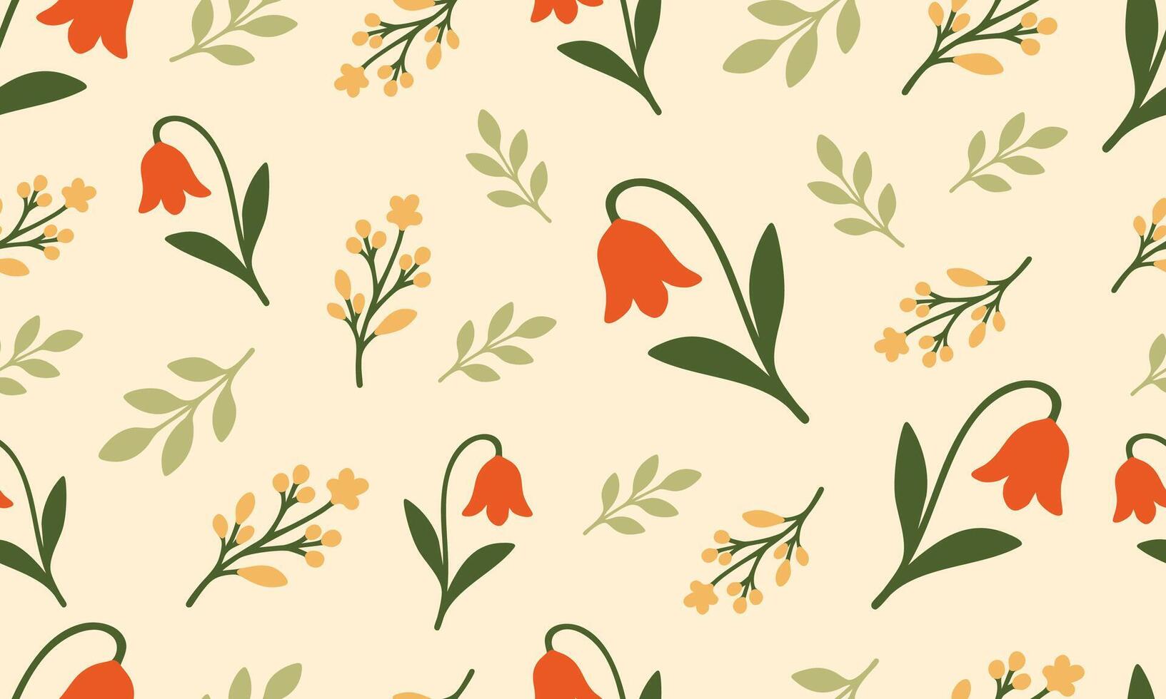 Elegant seamless floral pattern with red bell-shaped flowers, soft yellow buds, and green leaves on a cream background. Perfect for textiles, wallpapers, and decorative design projects. vector