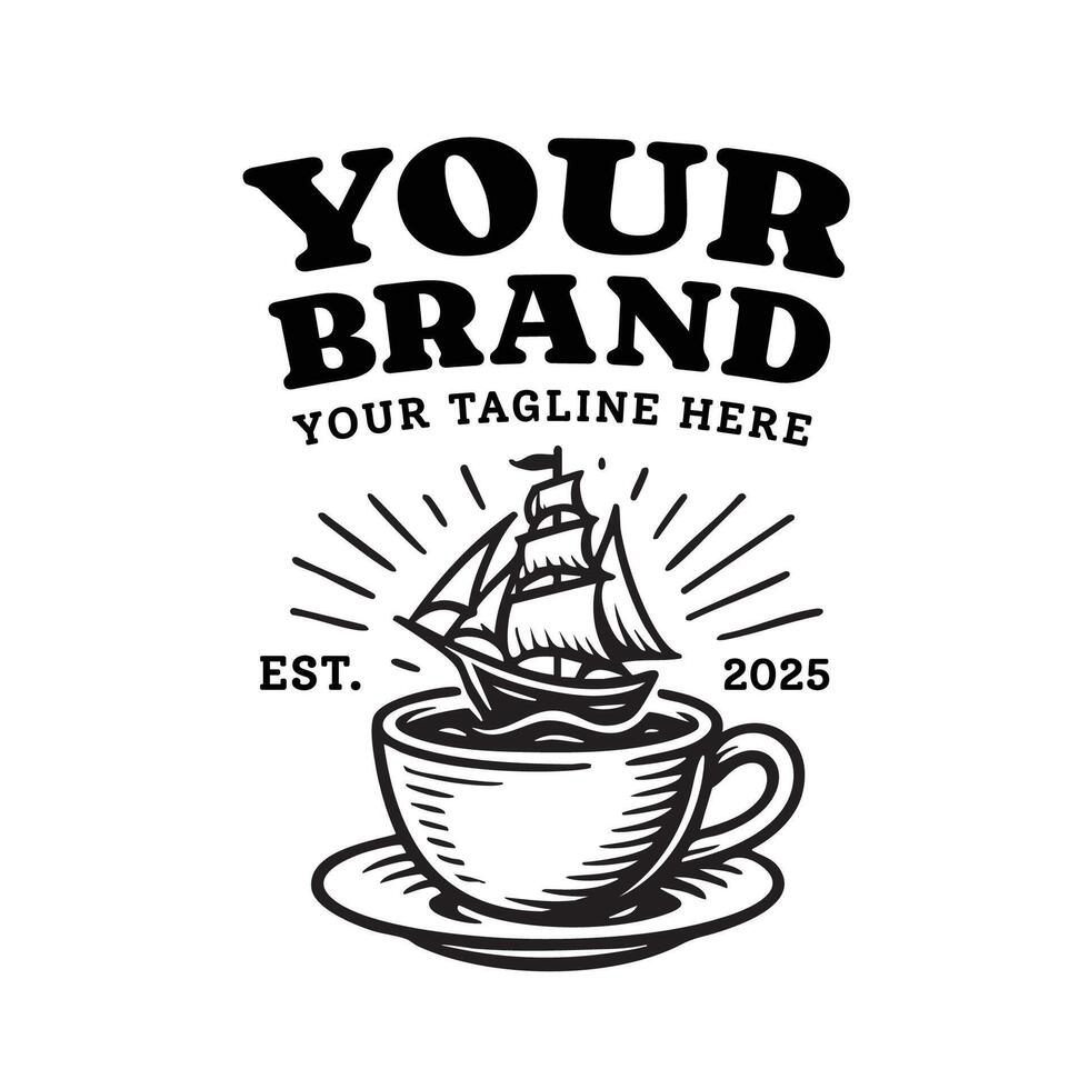 Vintage Ship and Coffee Cup Logo. Nautical Cafe Branding Design vector