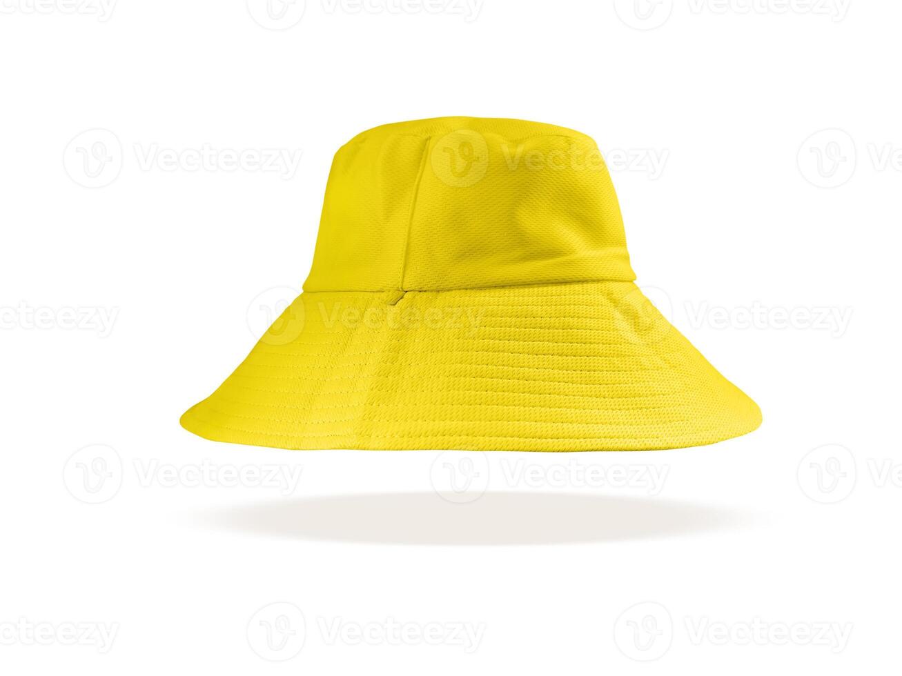 A long yellow bucket hat floating on a white background. photo