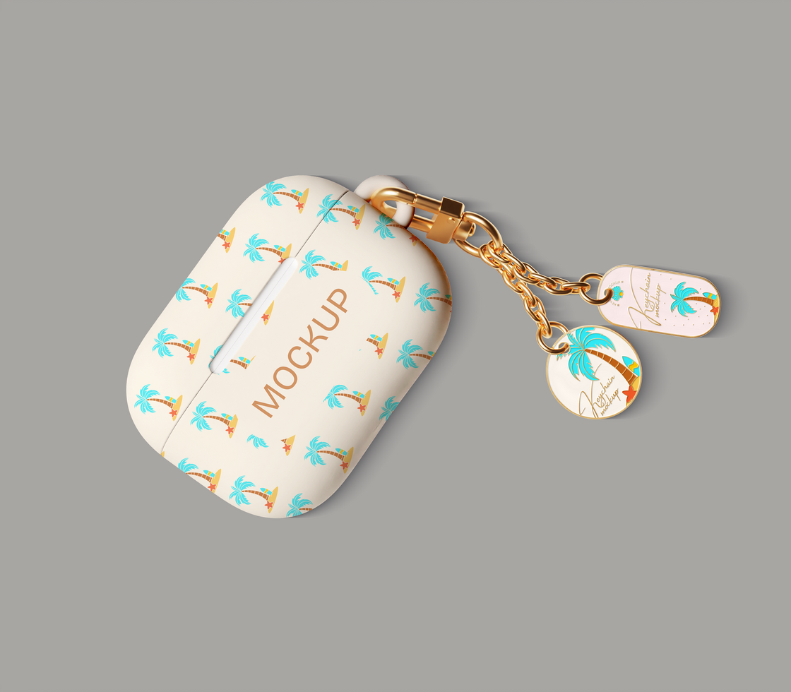 Earbuds with key chain mockup on isolated background psd