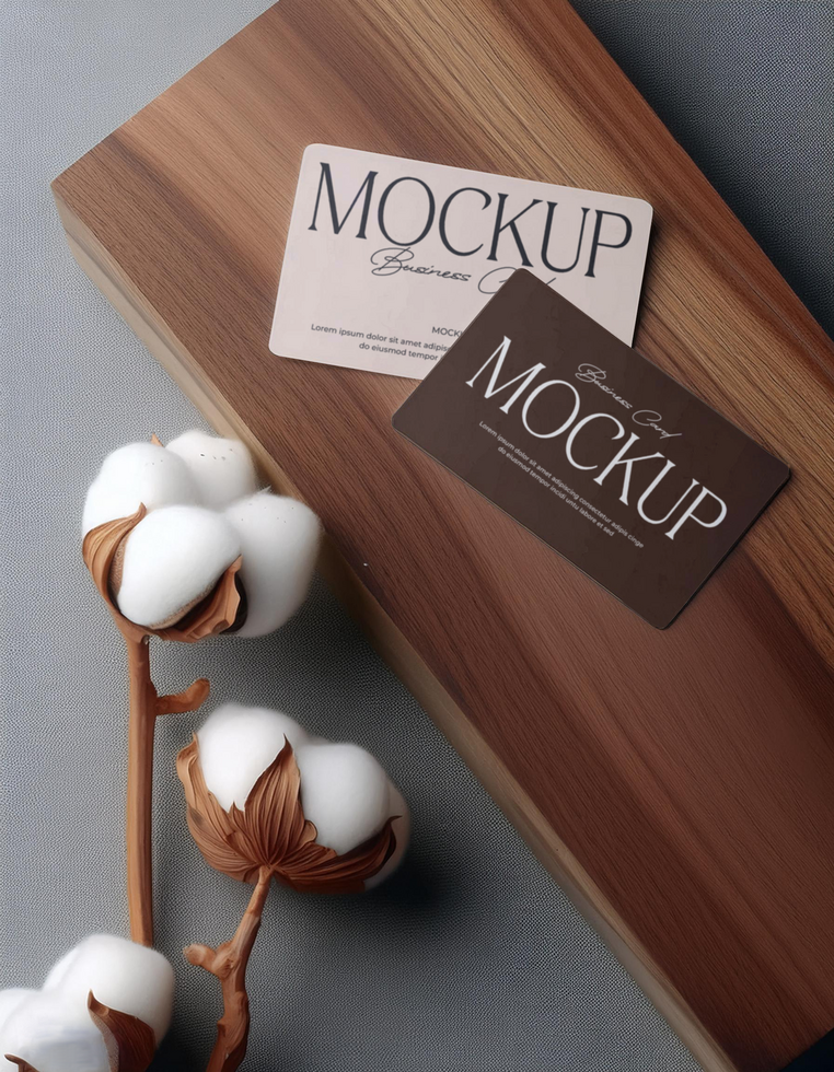 Set of 2 business cards on brown wood mockup psd