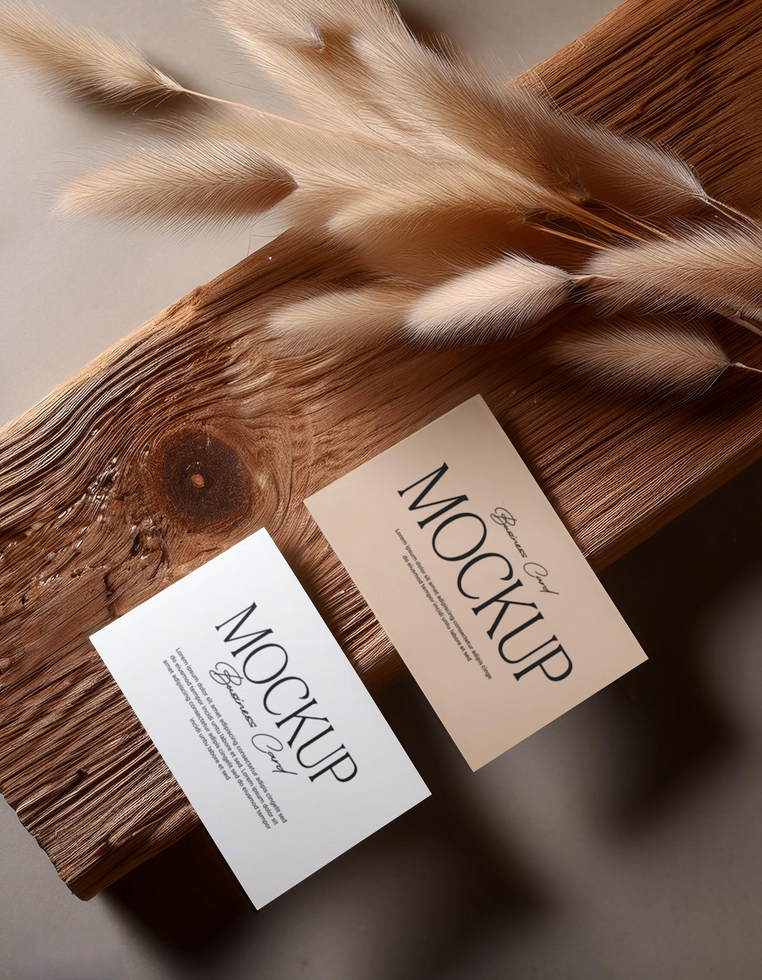 A top view mockup of a business card displayed on a wooden surface psd