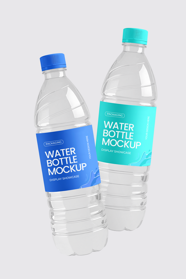 Two floating water bottles mockup against a plain background psd