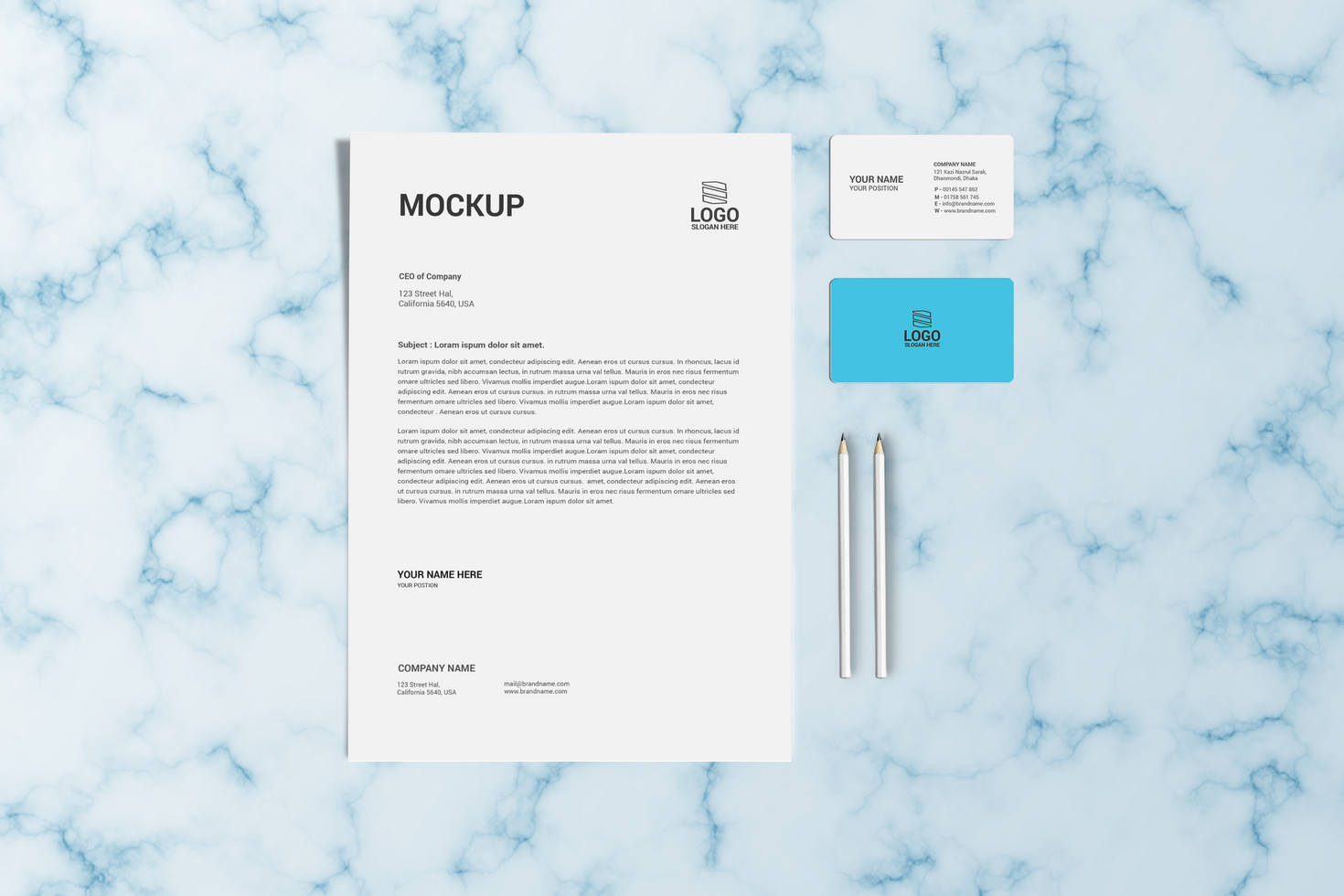 Blue Business Card Stationary Mockup Front View Design with marble Background psd
