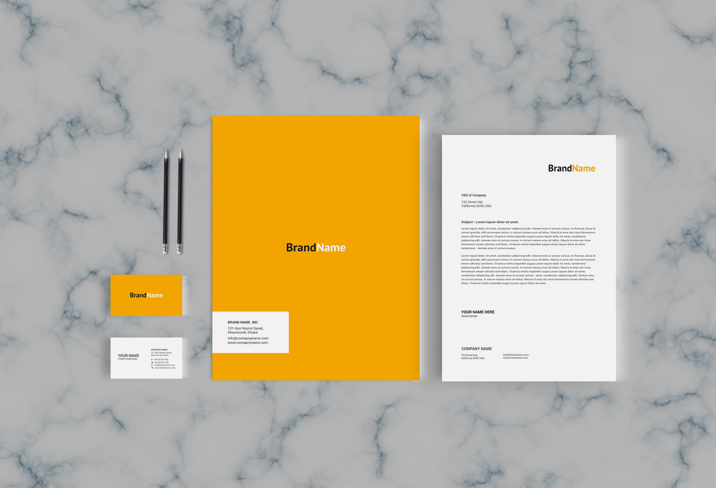 Folder and Letterhead Stationary Mockup Front View Design with marble Background psd
