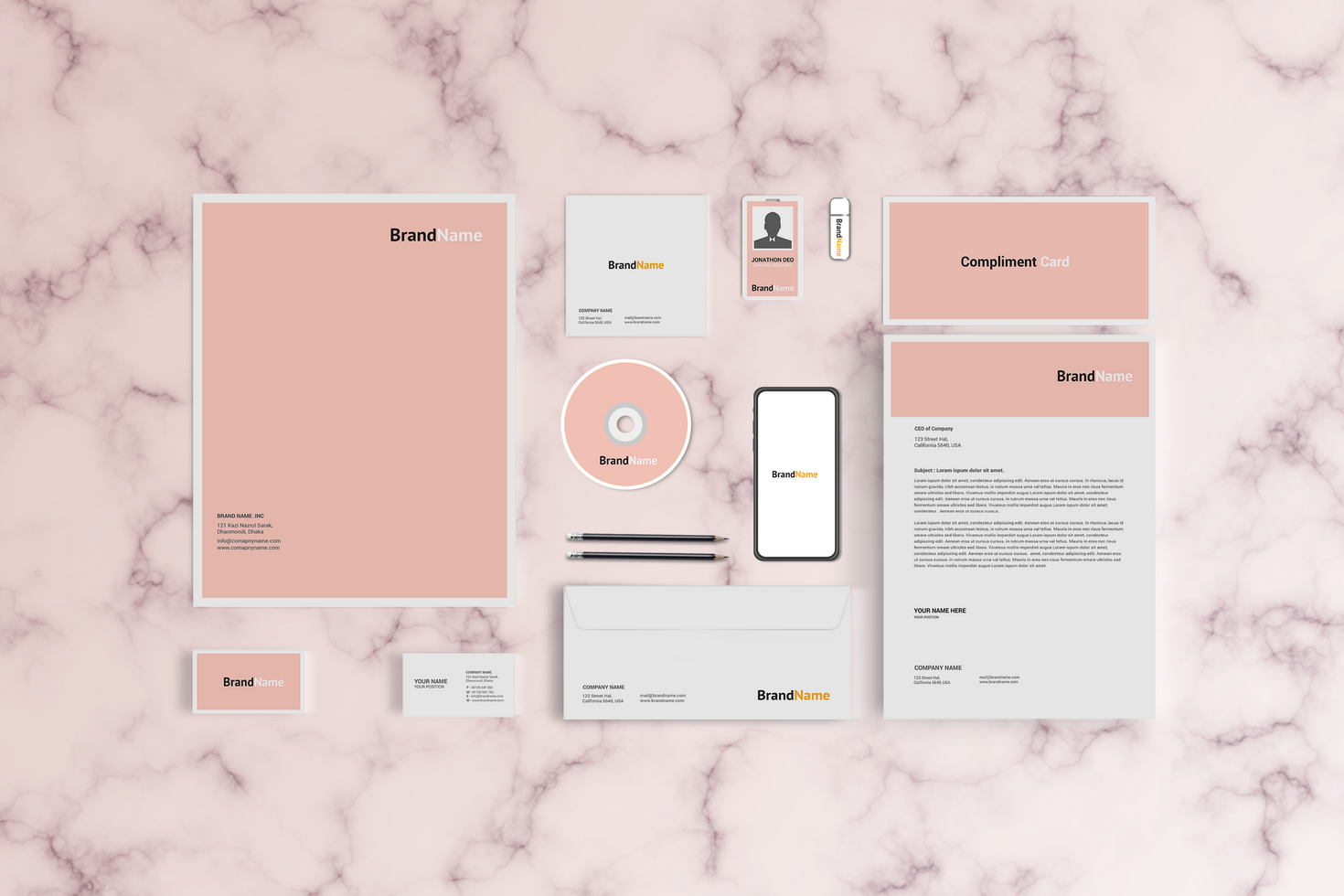 Pink Color Stationary Mockup Front View Design with marble Background psd