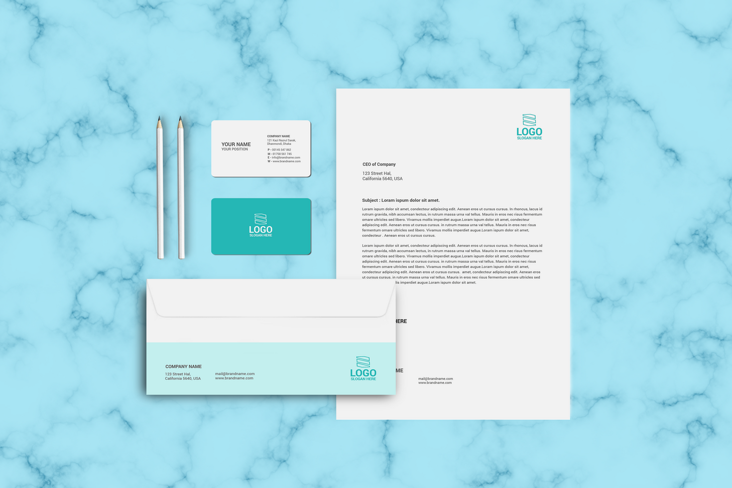 Blue Background Stationary Mockup Front View Design psd