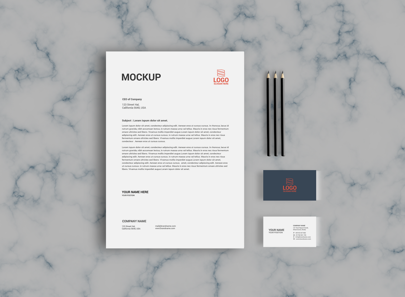 Letterhead Stationary Mockup Front View Design with marble Background psd