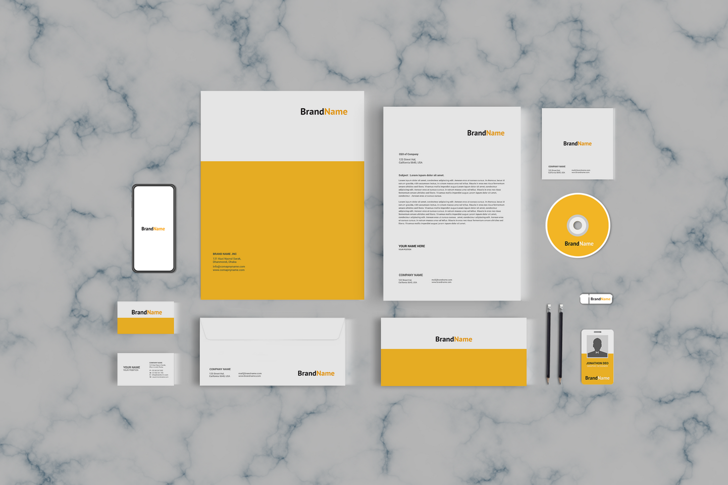 Yellow Stationary Mockup Front View Design with marble Background psd