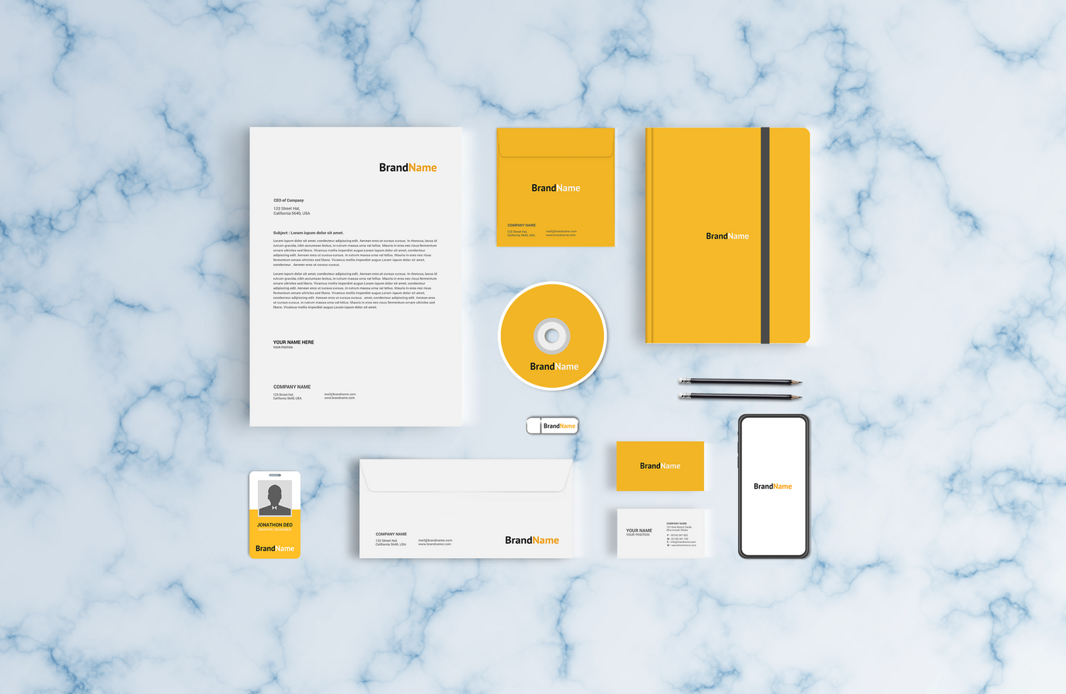 Stationary Mockup Front View Design with marble Background psd