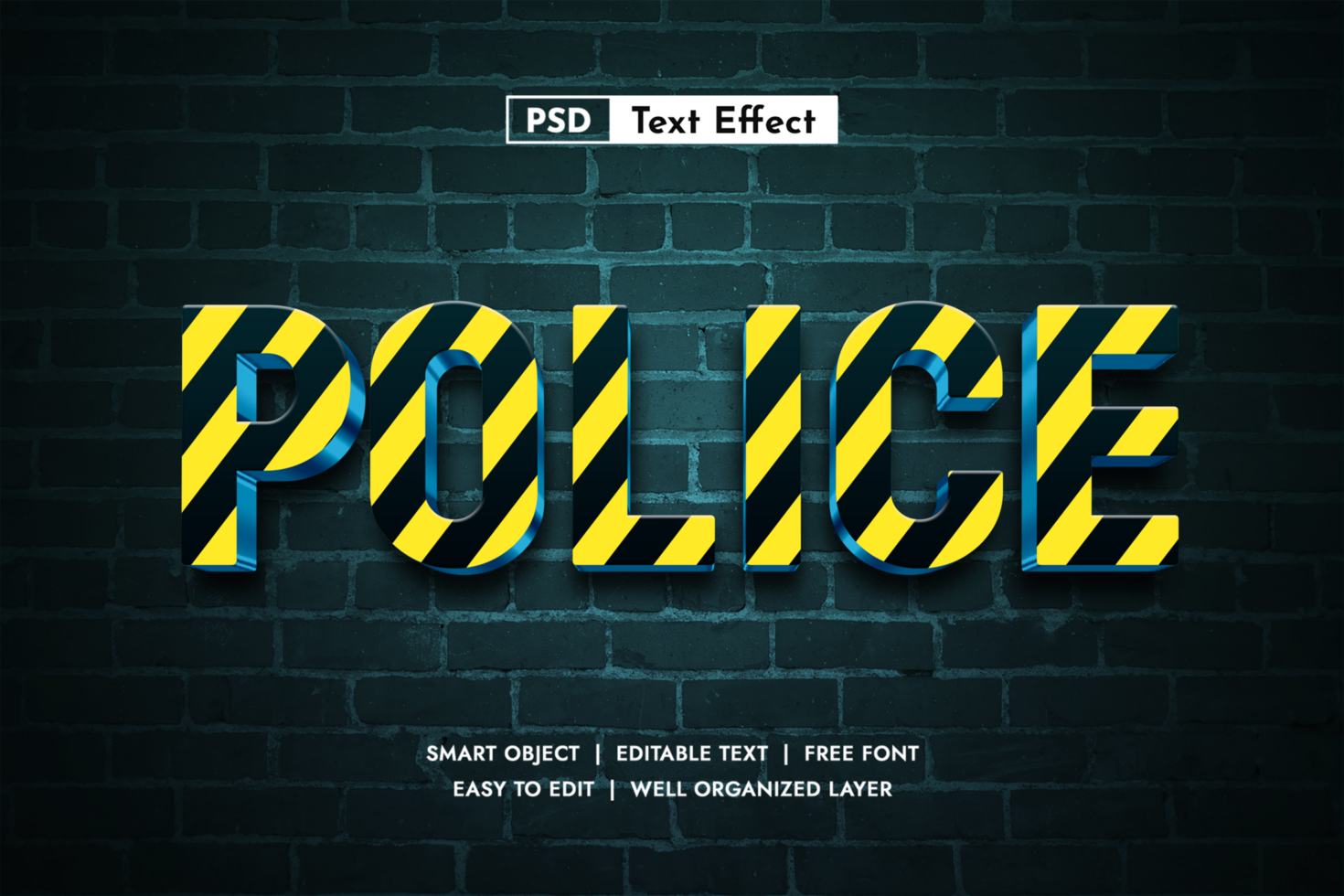 Bold Police Stripped Yellow and Black 3D Text Effect. Editable Authority Font Style for Security Designs, Warning Signs, and Law Enforcement Graphics psd