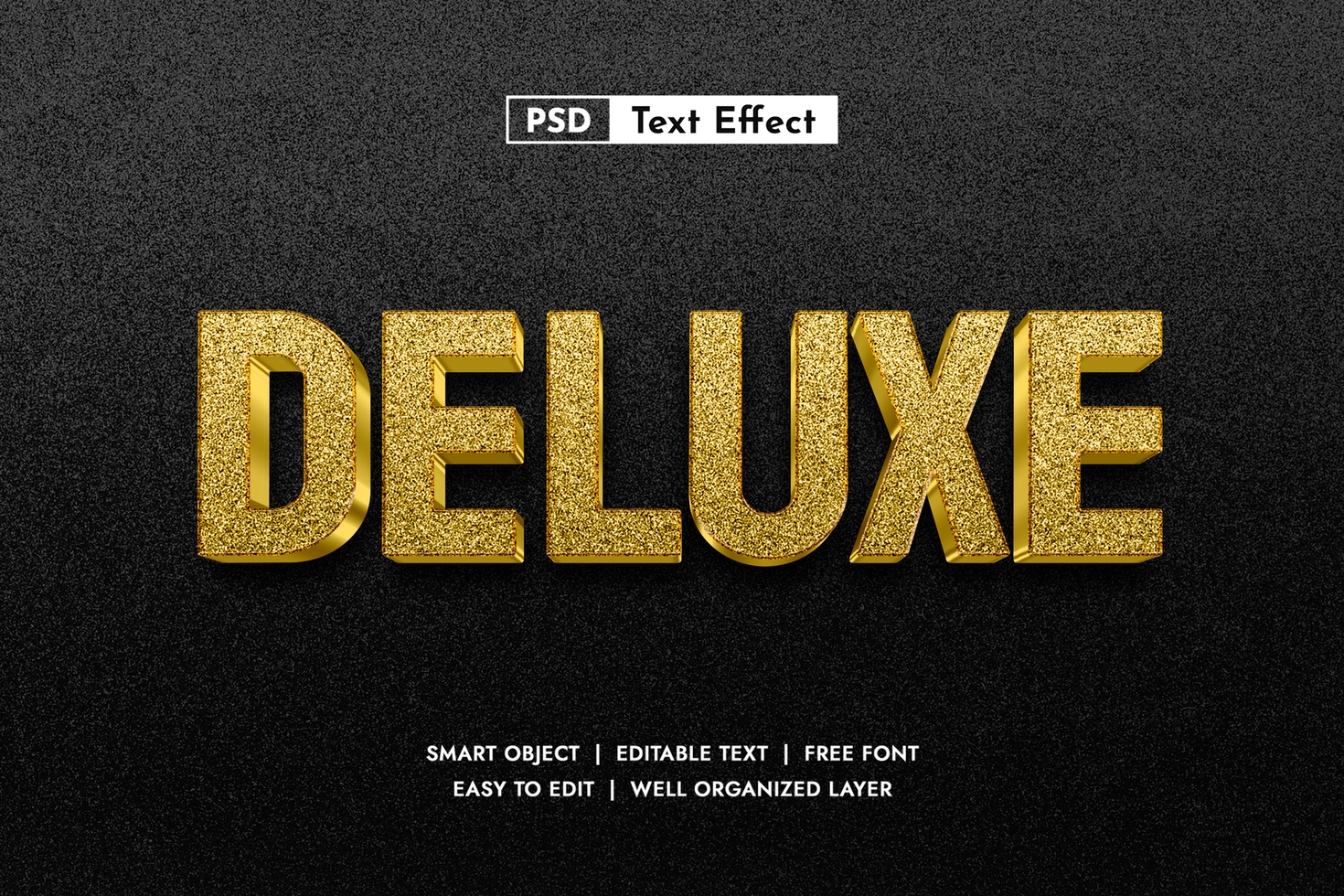 Luxurious Deluxe Gold Glitter 3D Text Effect. Editable Premium Sparkling Font Style for High End Branding, Fashion Events, and Exclusive Product Titles psd