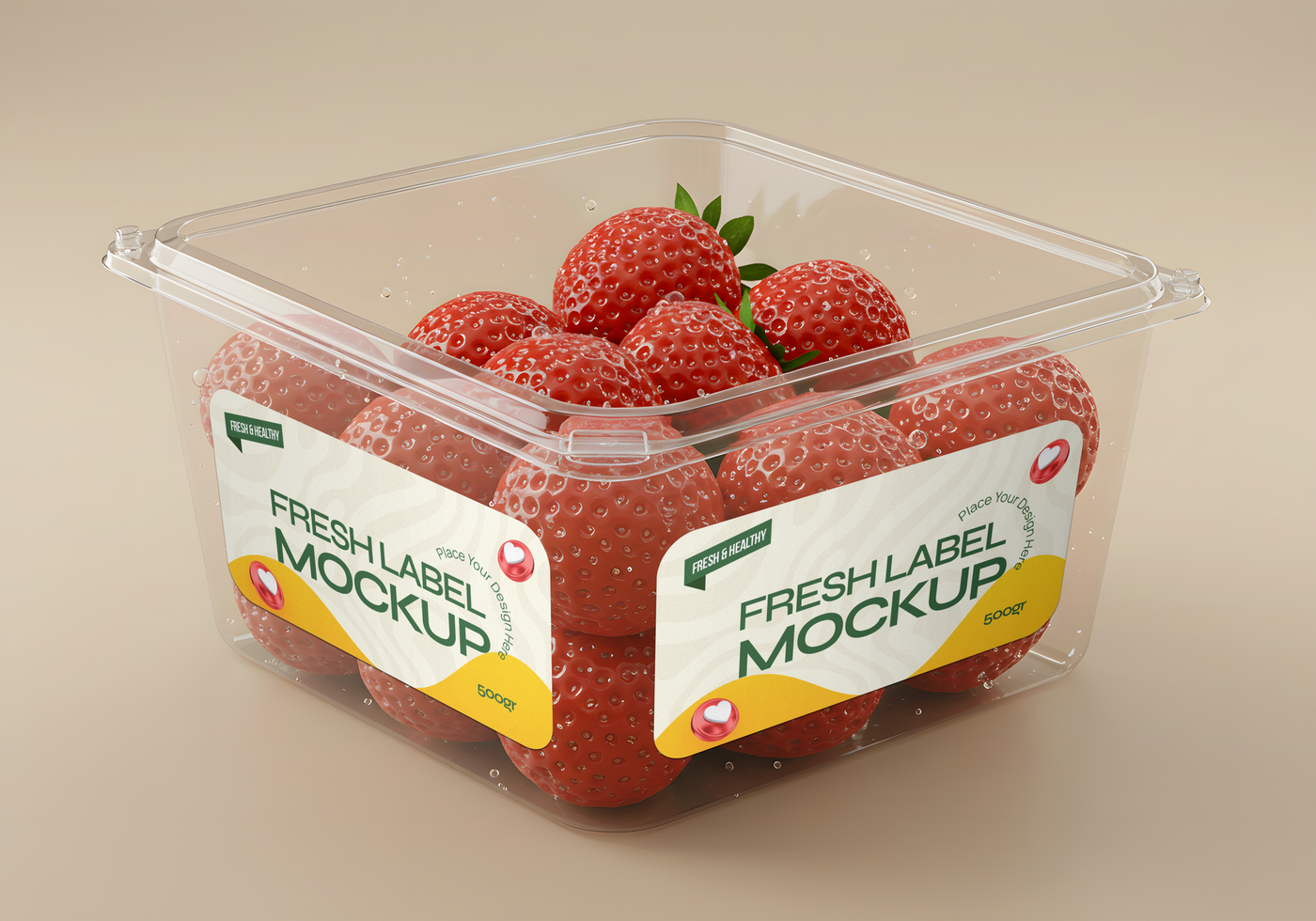 Strawberries in Clear Plastic Container with Label Mockup psd