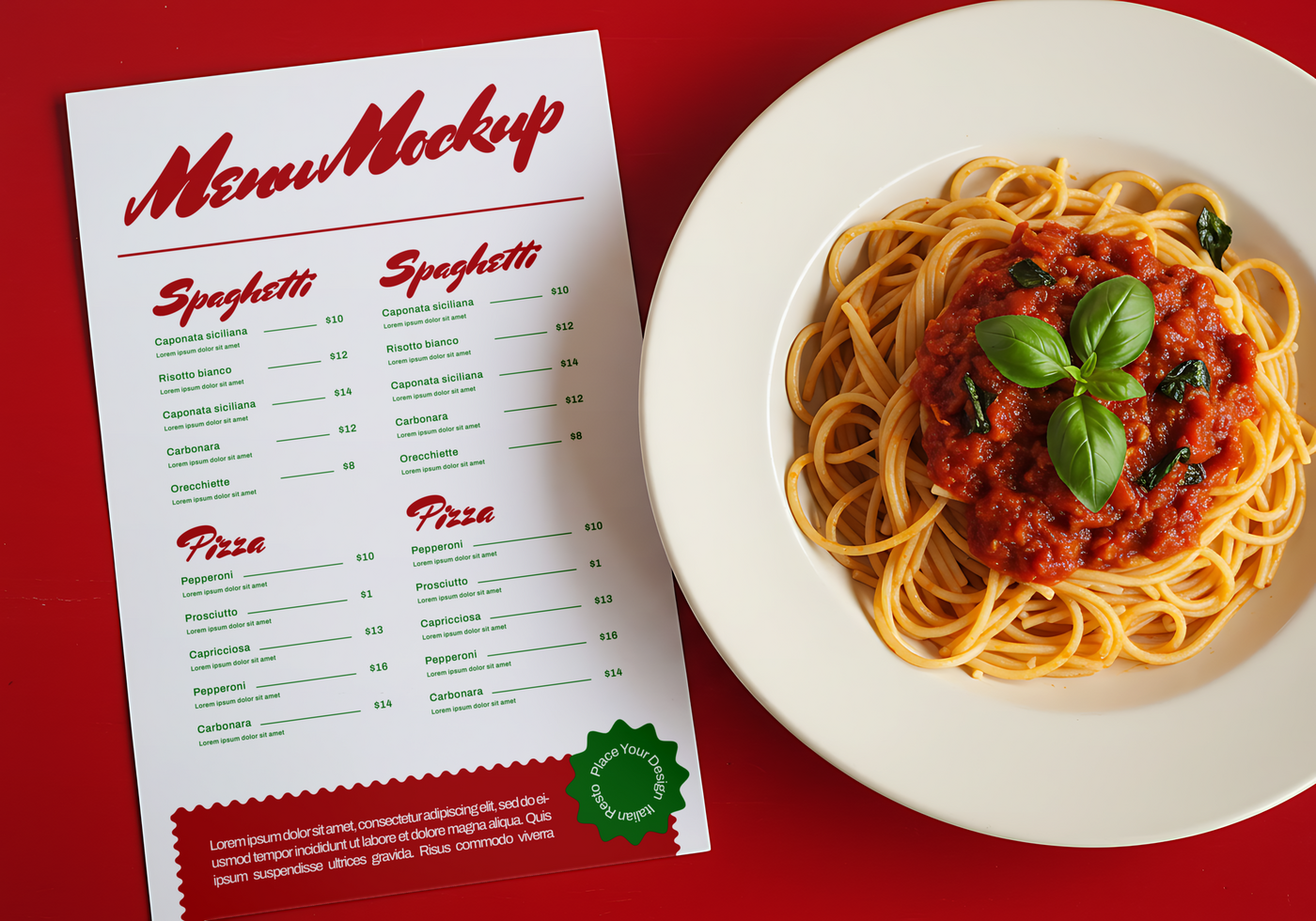 Spaghetti with Tomato Sauce and a Menu Mockup psd
