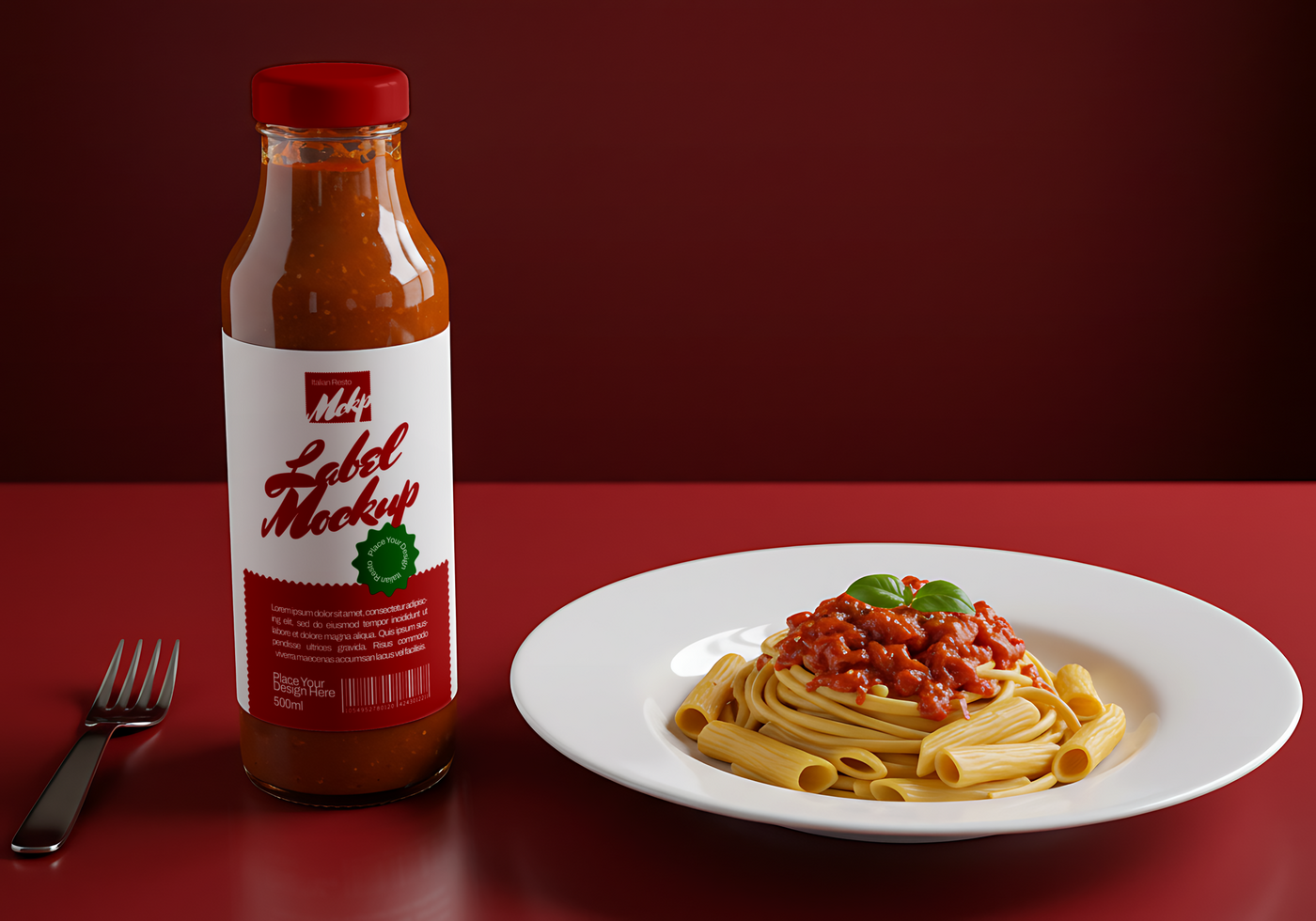 Spaghetti with tomato sauce and a bottle mockup of sauce psd