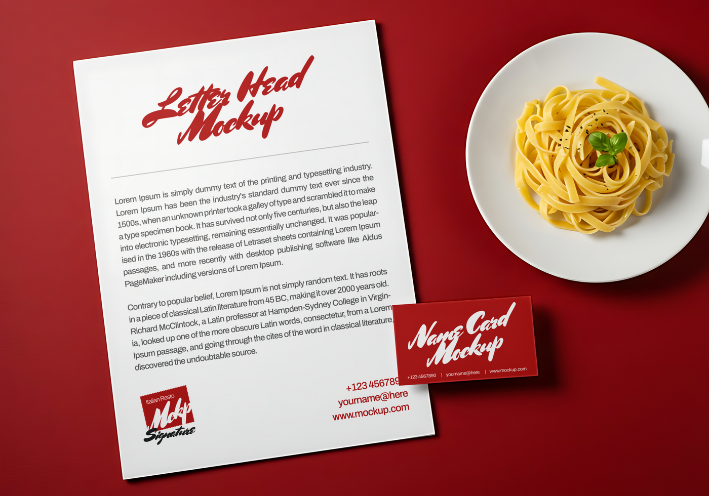 Letterhead and Business Card Mockup with Pasta on a Plate psd