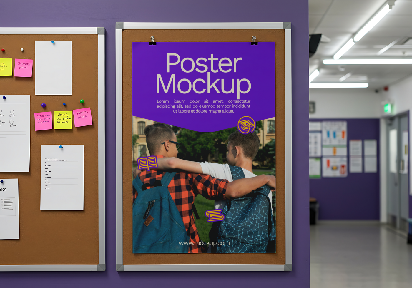 Poster Mockup Displayed on a Noticeboard in a School Hallway psd