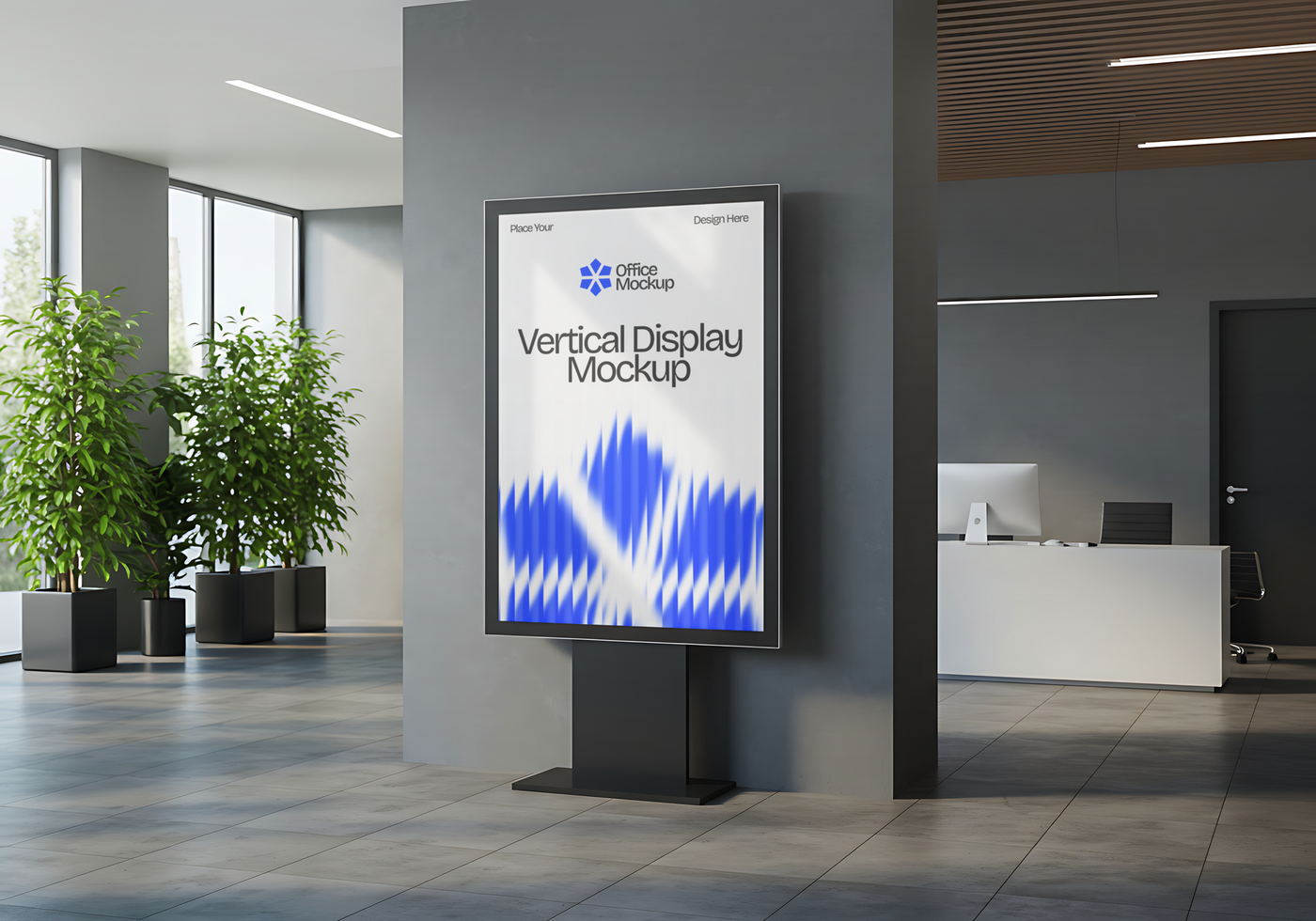 Vertical Display Mockup in a Modern Office Lobby psd