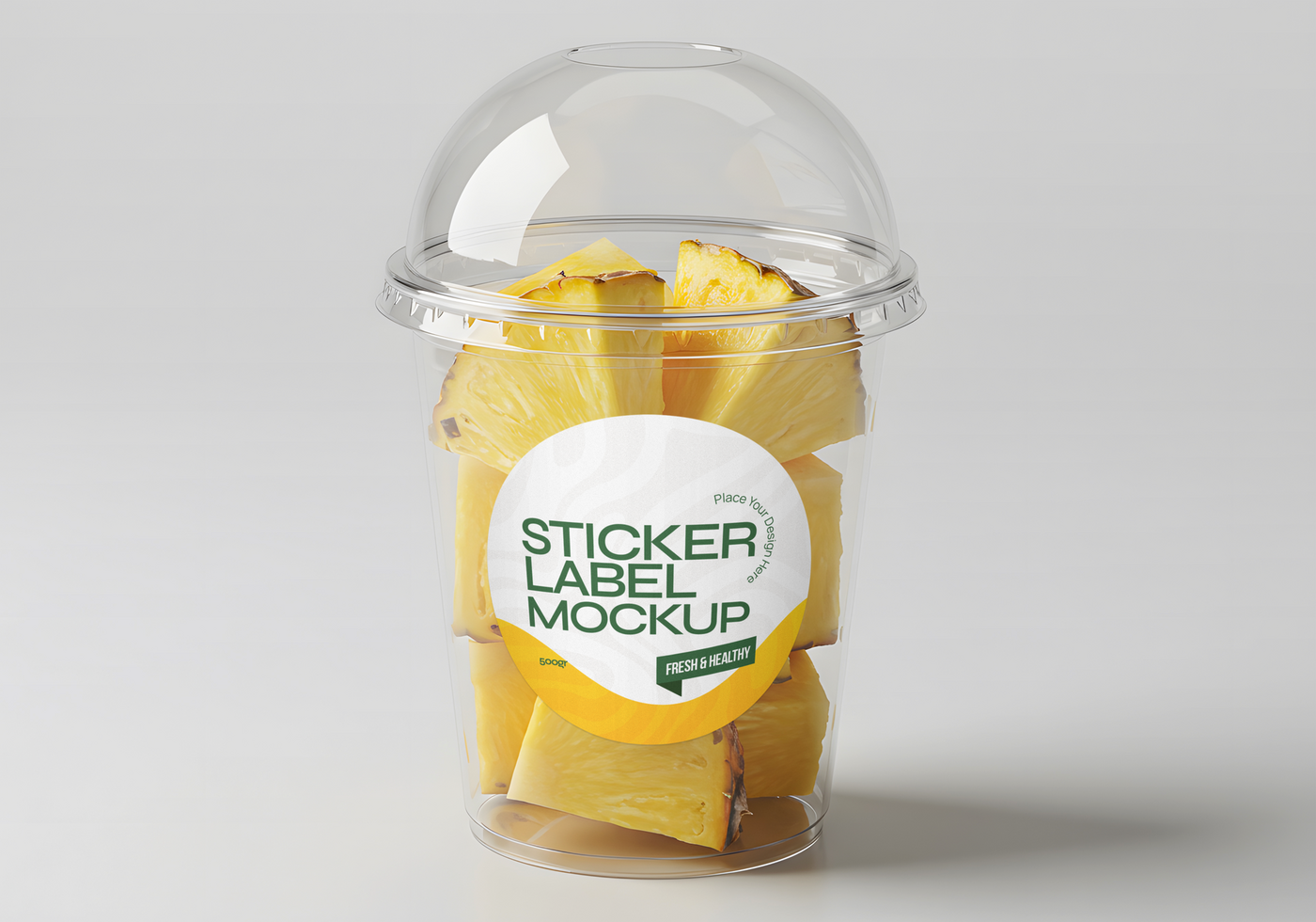 Pineapple Chunks in a Plastic Cup with Sticker Label Mockup psd