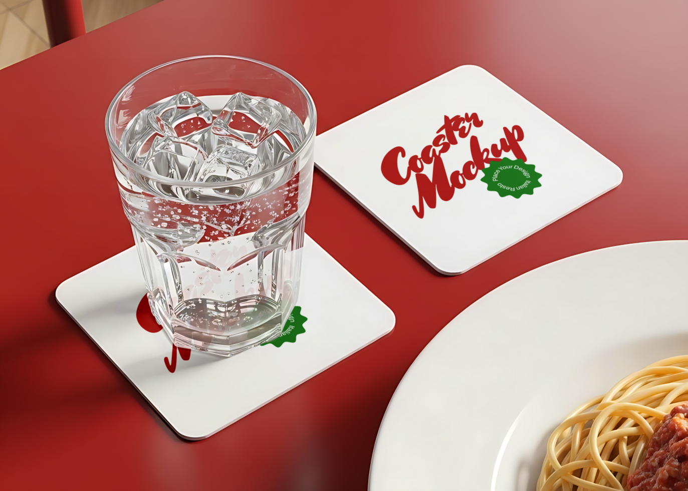 Coasters mockup with water glass and pasta plate on a red table psd