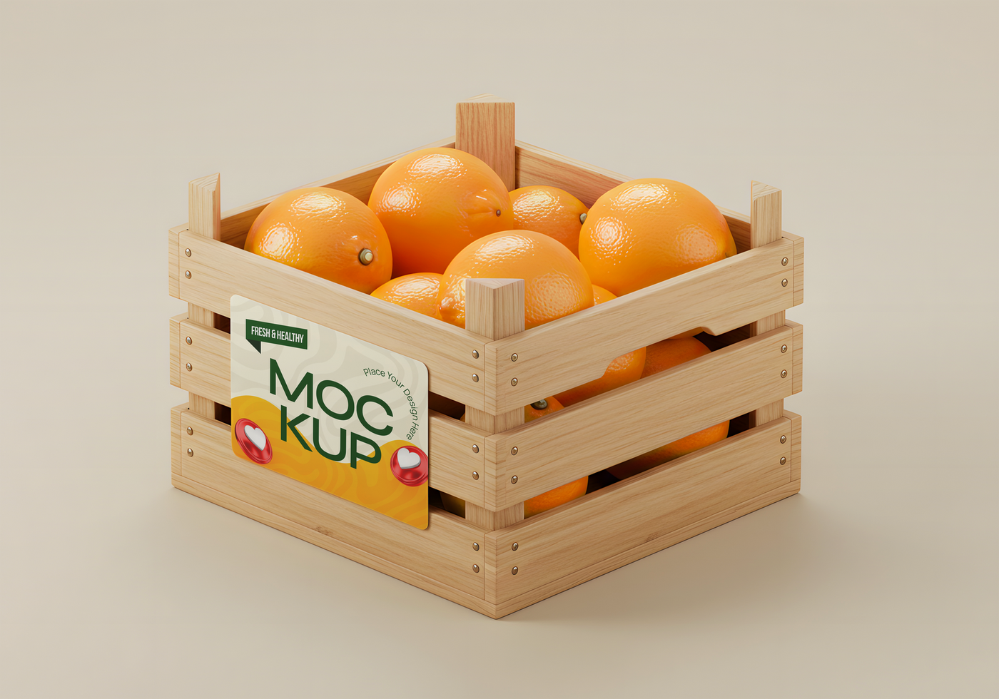 Wooden crate of fresh oranges with a label mockup psd