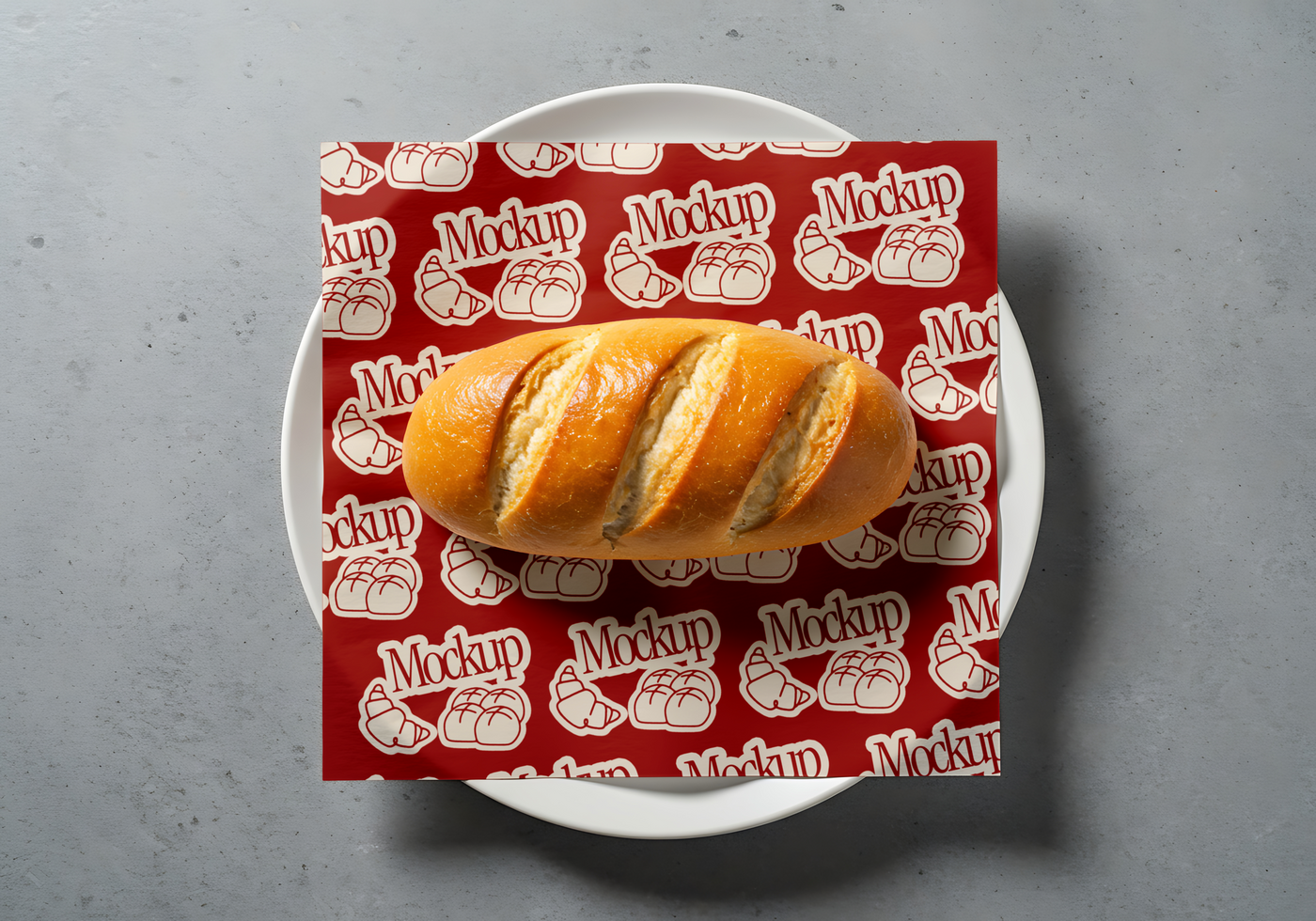 Loaf of Freshly Baked Bread on a Plate with Wrapping Paper mockup psd