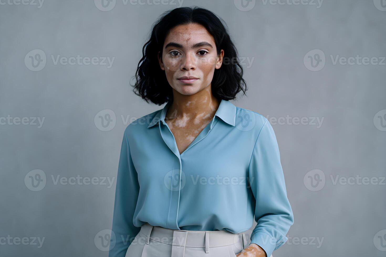 Confident woman with vitiligo in business attire, diversity and inclusion concept, strong identity, professional portrait with neutral background photo