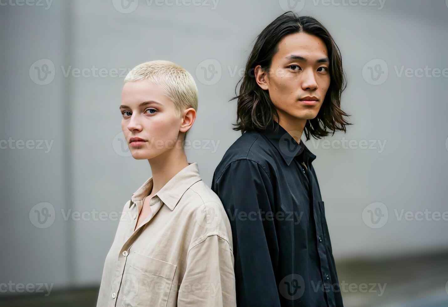 Portrait of serious young man and woman standing back to back, diversity and gender equality concept, modern fashion photo
