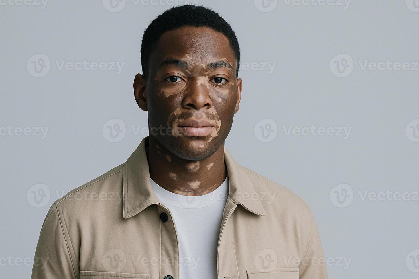 Portrait of man with vitiligo against neutral background, inclusive beauty, dermatological condition awareness, natural diversity photo