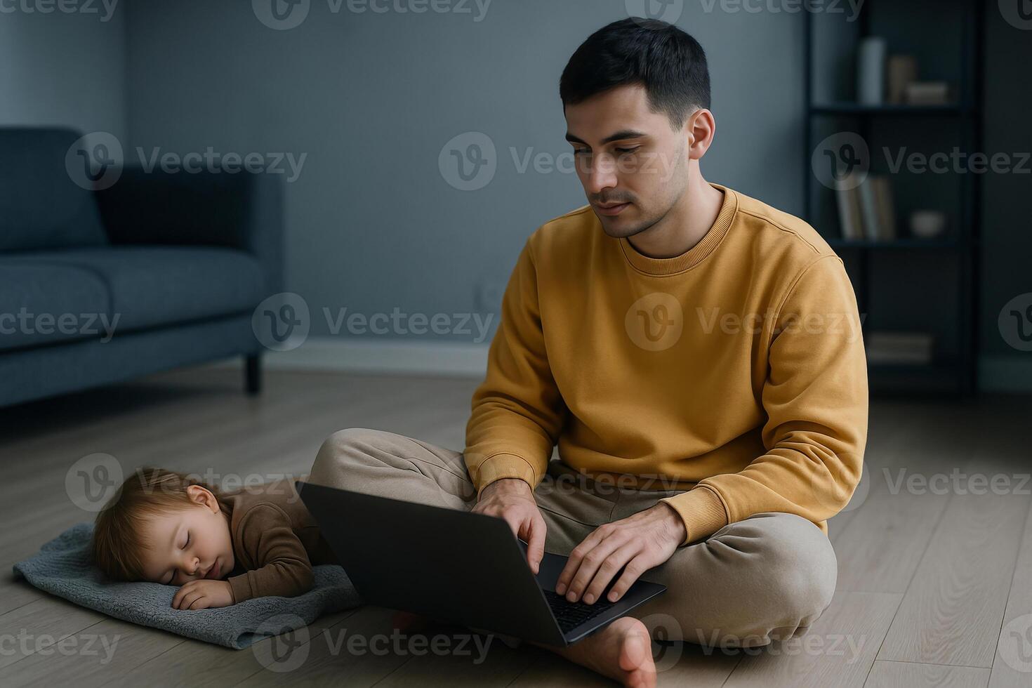 Young father working remotely on laptop while baby sleeps nearby, parenthood and work-life balance, family lifestyle and modern fatherhood photo