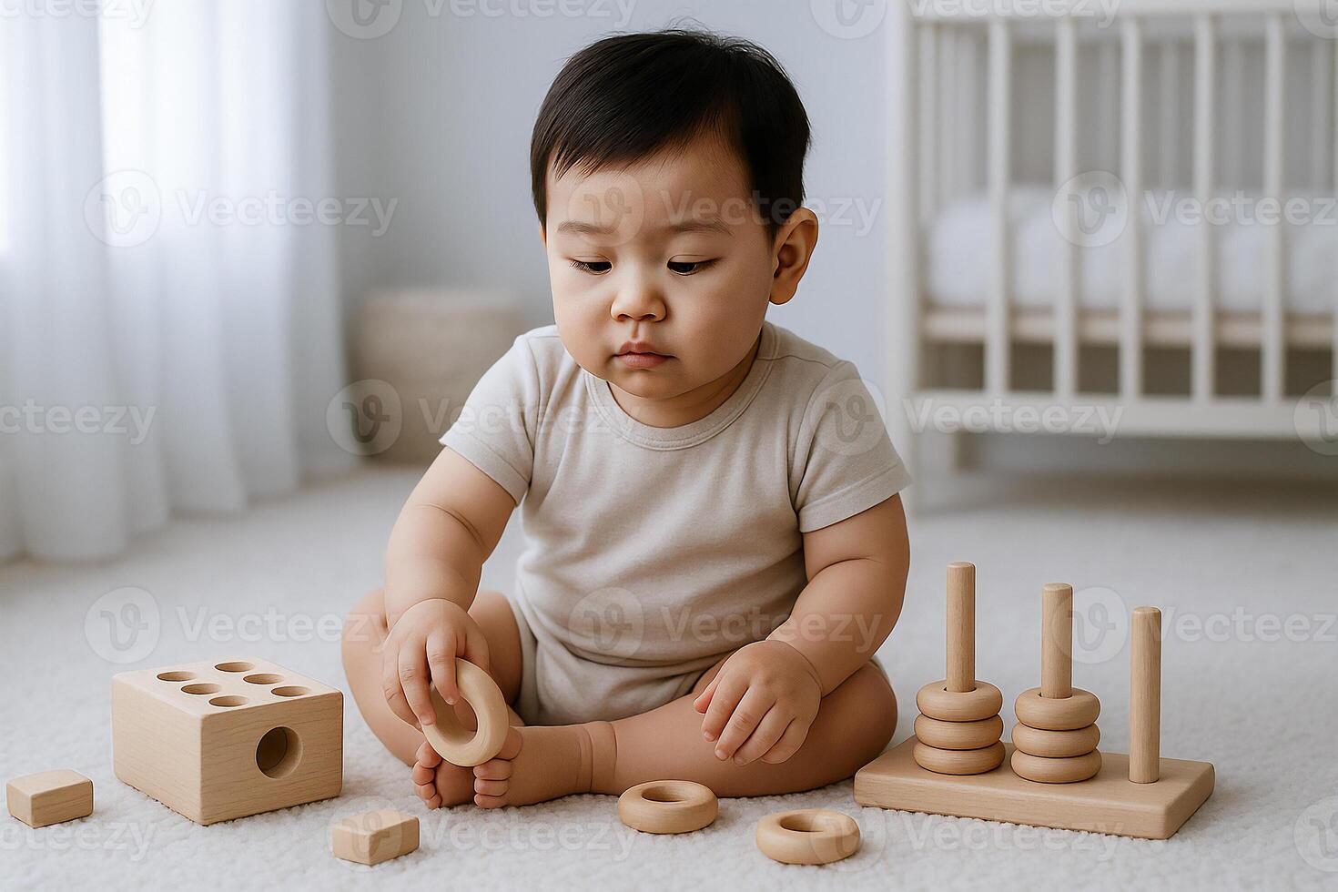 Asian baby playing with wooden educational toys on floor, early childhood development, cognitive learning, parenting concept photo