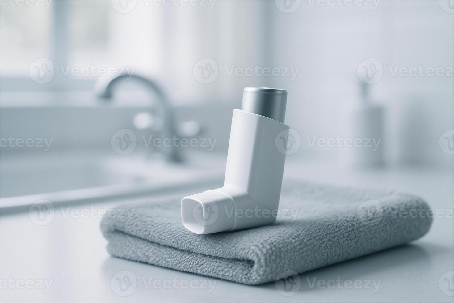 White asthma inhaler on soft towel in bathroom setting, respiratory health equipment, personal care item, chronic condition management photo
