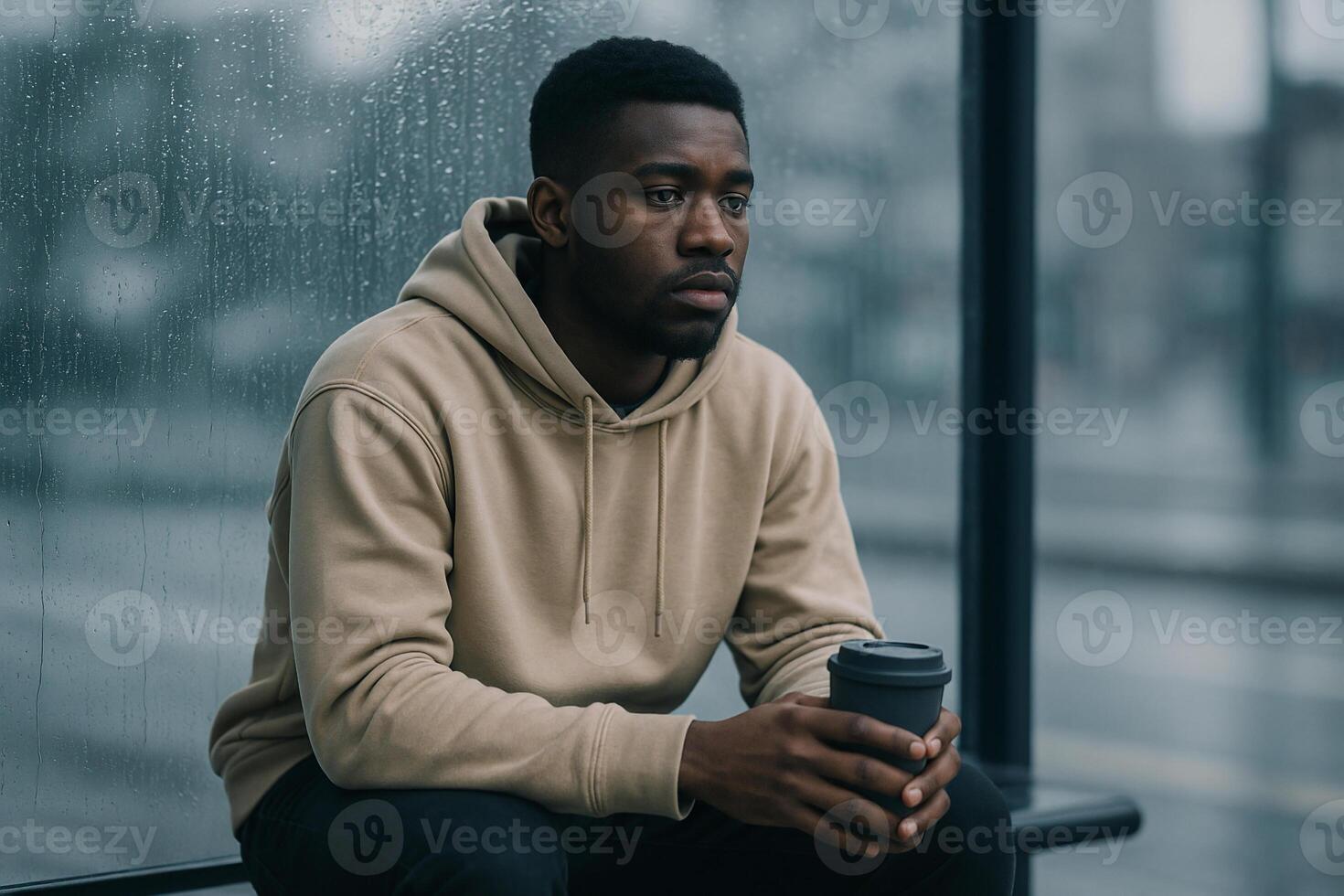 Man in hoodie sitting at rainy bus stop with takeaway coffee cup, moody urban atmosphere, loneliness and contemplation, public transit moment photo
