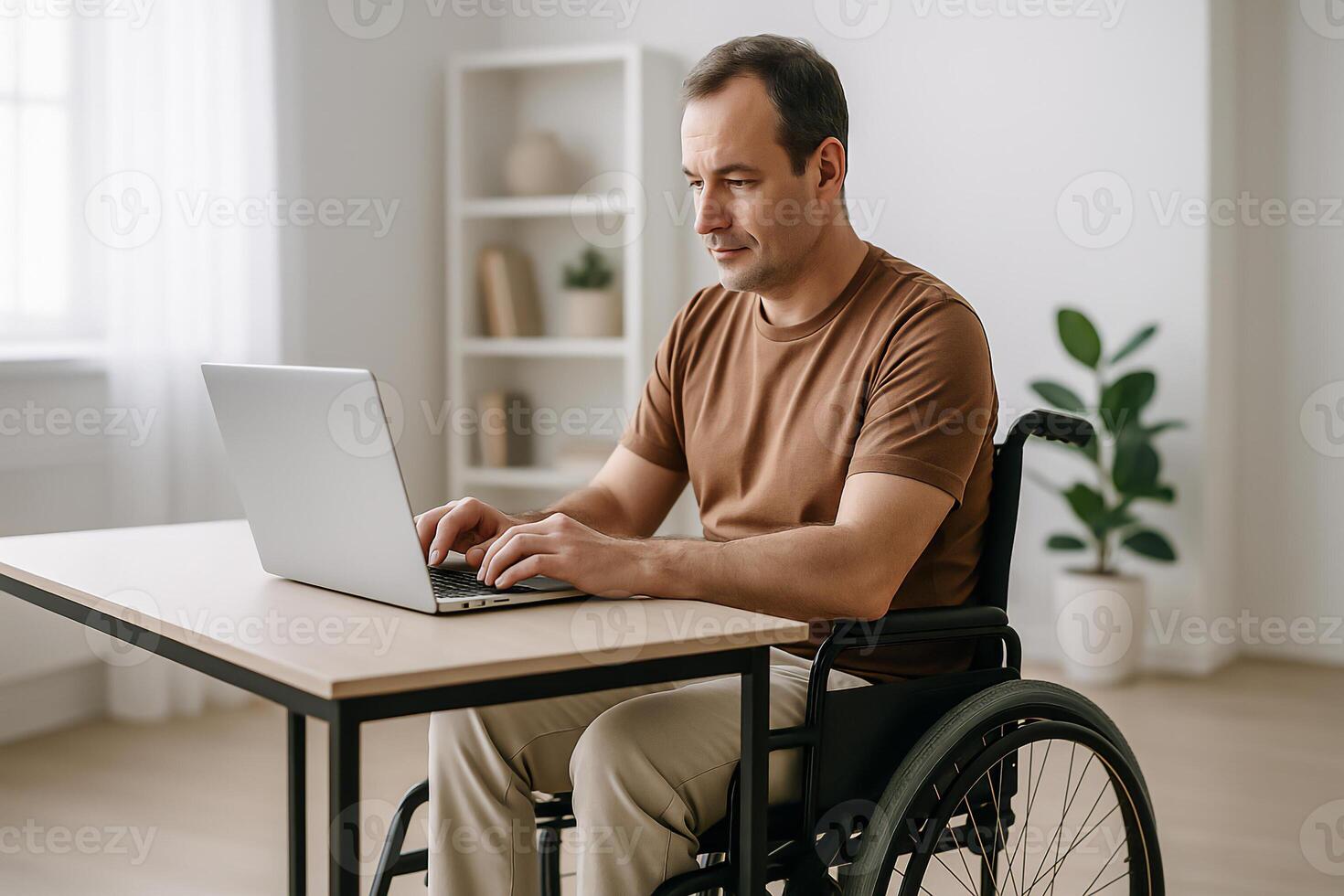 Man using laptop in wheelchair at home, accessibility and remote work, inclusive lifestyle, disability support concept photo