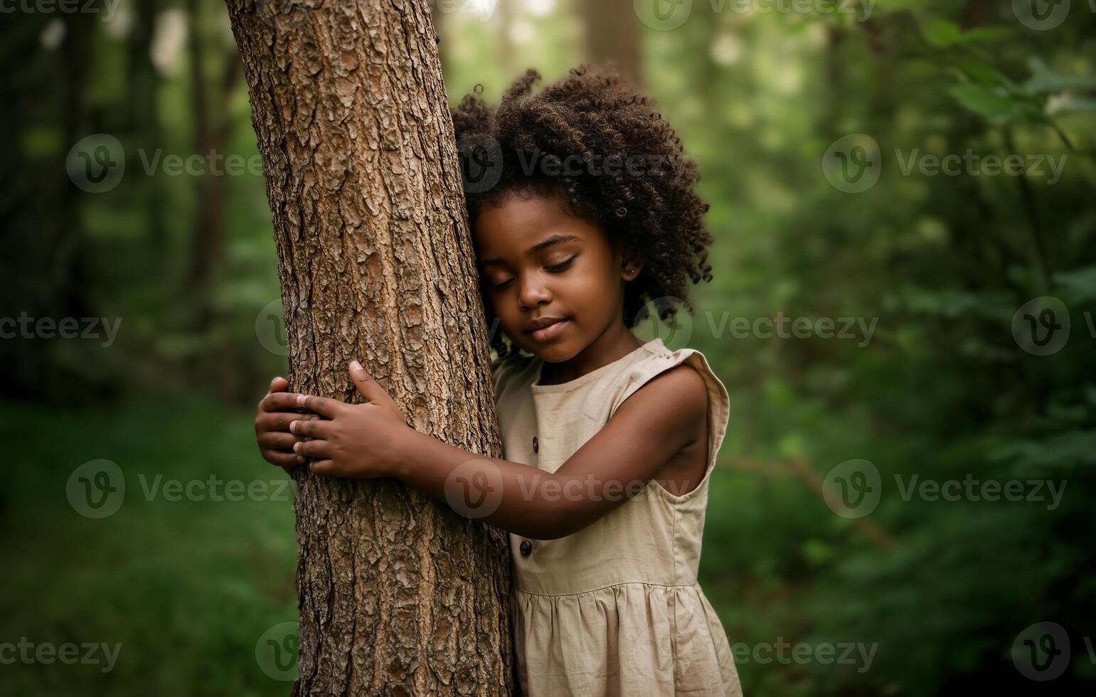 Little girl hugging tree in forest, peaceful connection with nature and environmental awareness concept, copy space photo