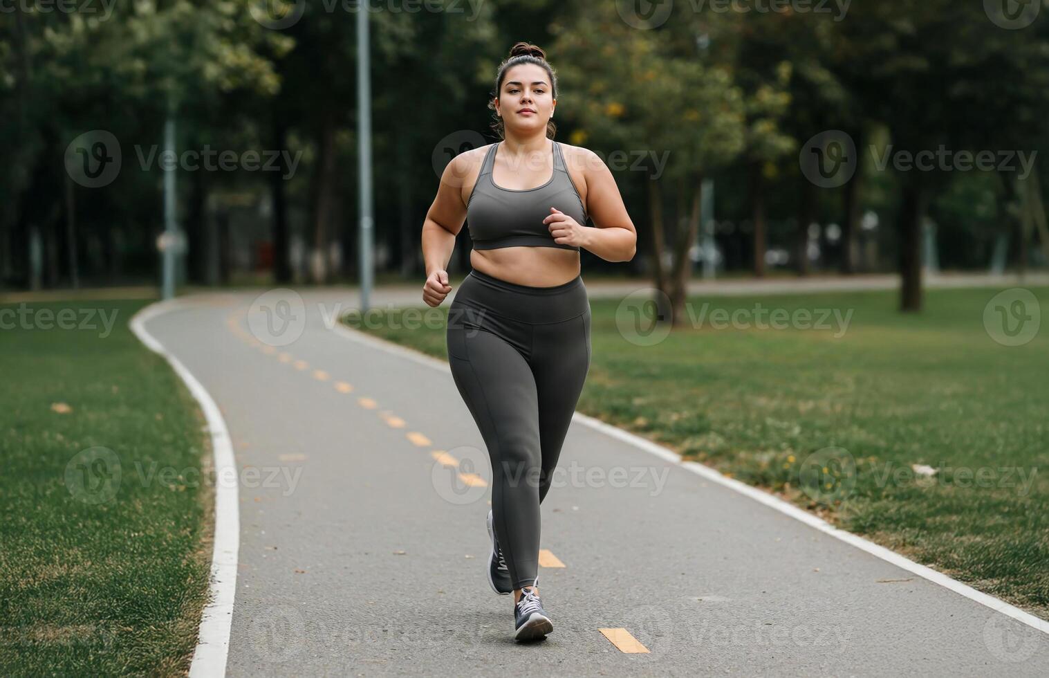Focused woman in grey sportswear jogging on park pathway. photo