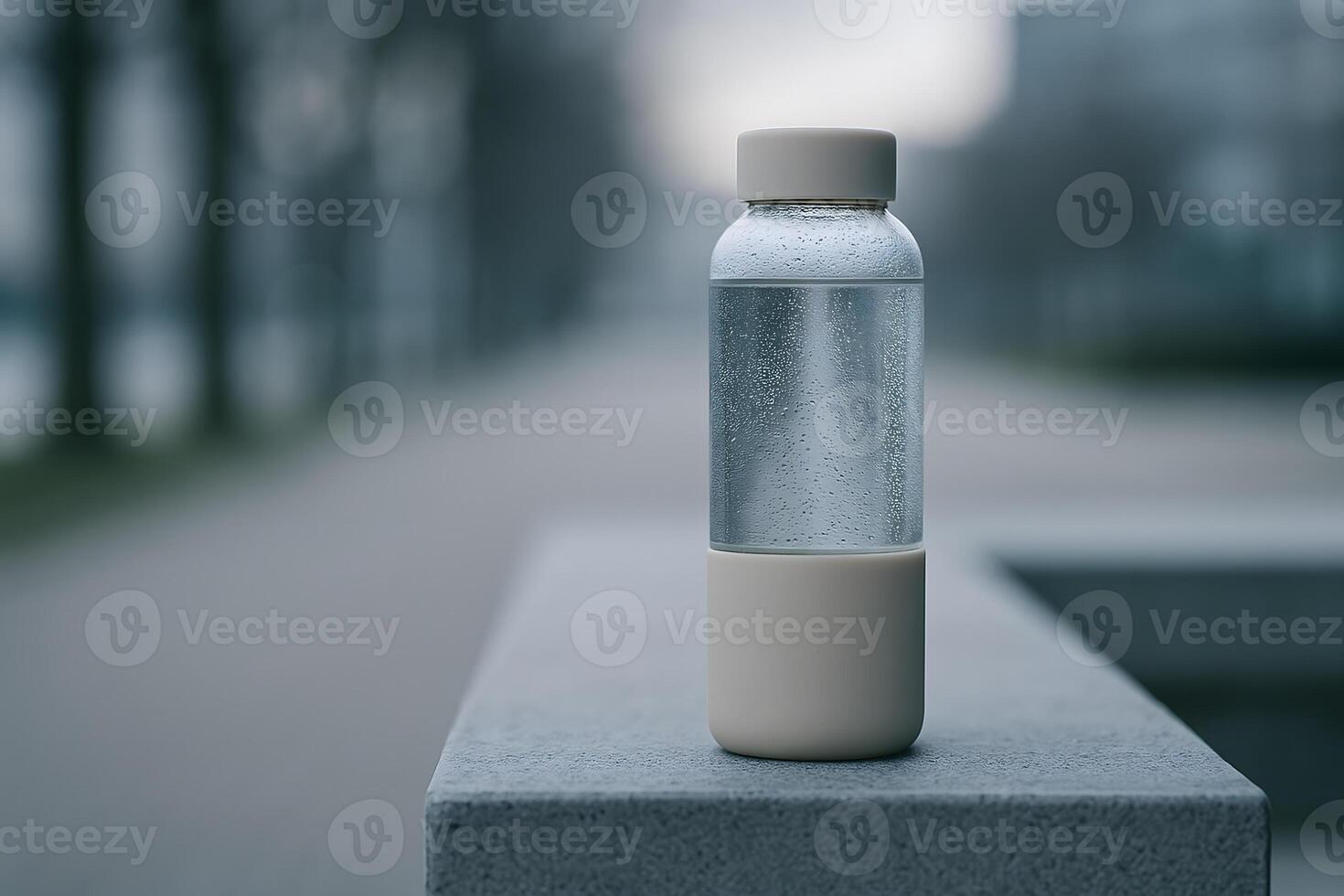 Reusable glass water bottle with condensation outdoors, hydration on the go, sustainable drinking, eco-friendly bottle photo