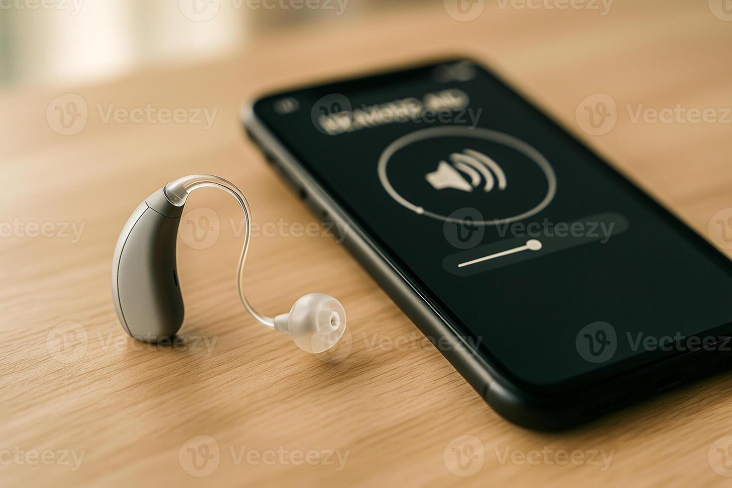 Modern hearing aid next to smartphone app, assistive technology, hearing support device, accessibility innovation, mobile hearing aid management photo