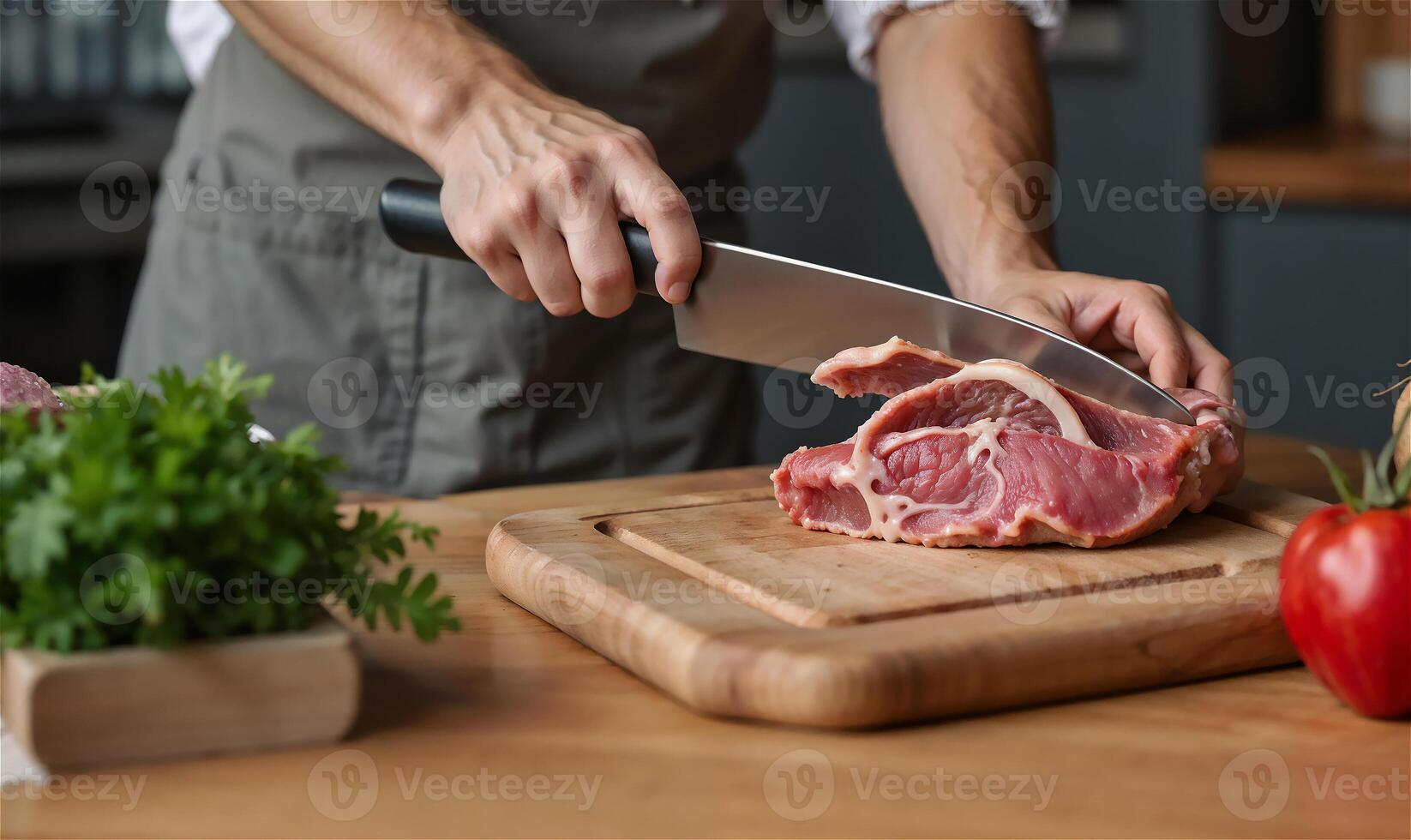 Chef slicing raw pork meat on wooden cutting board in kitchen, food preparation and cooking concept, close-up hands photo
