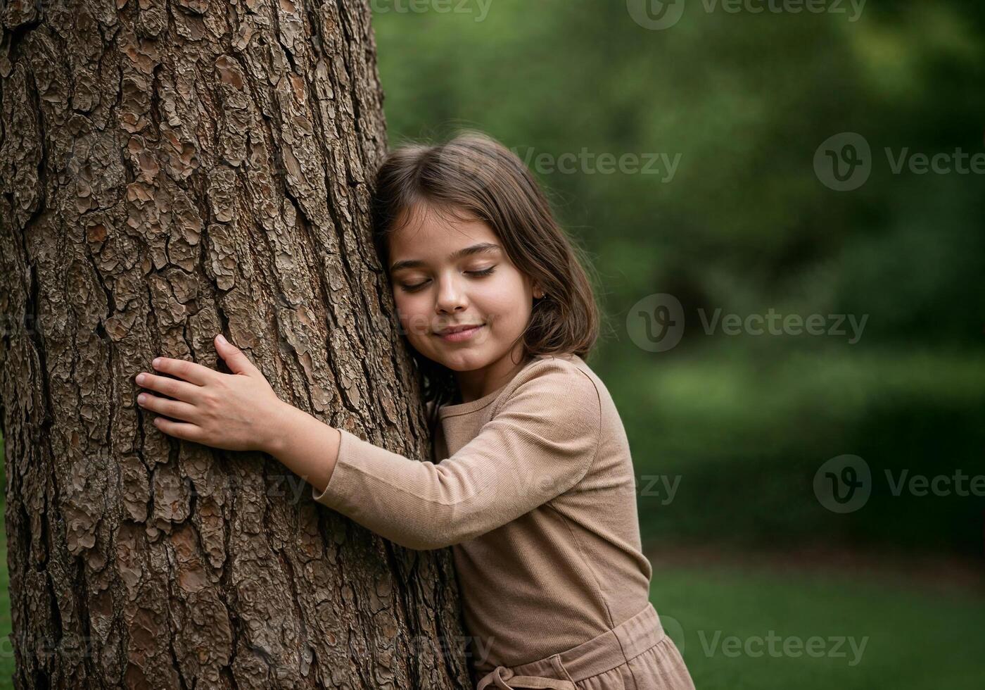 Smiling girl hugging tree with eyes closed in park, environmental love and care for nature, forest preservation concept photo