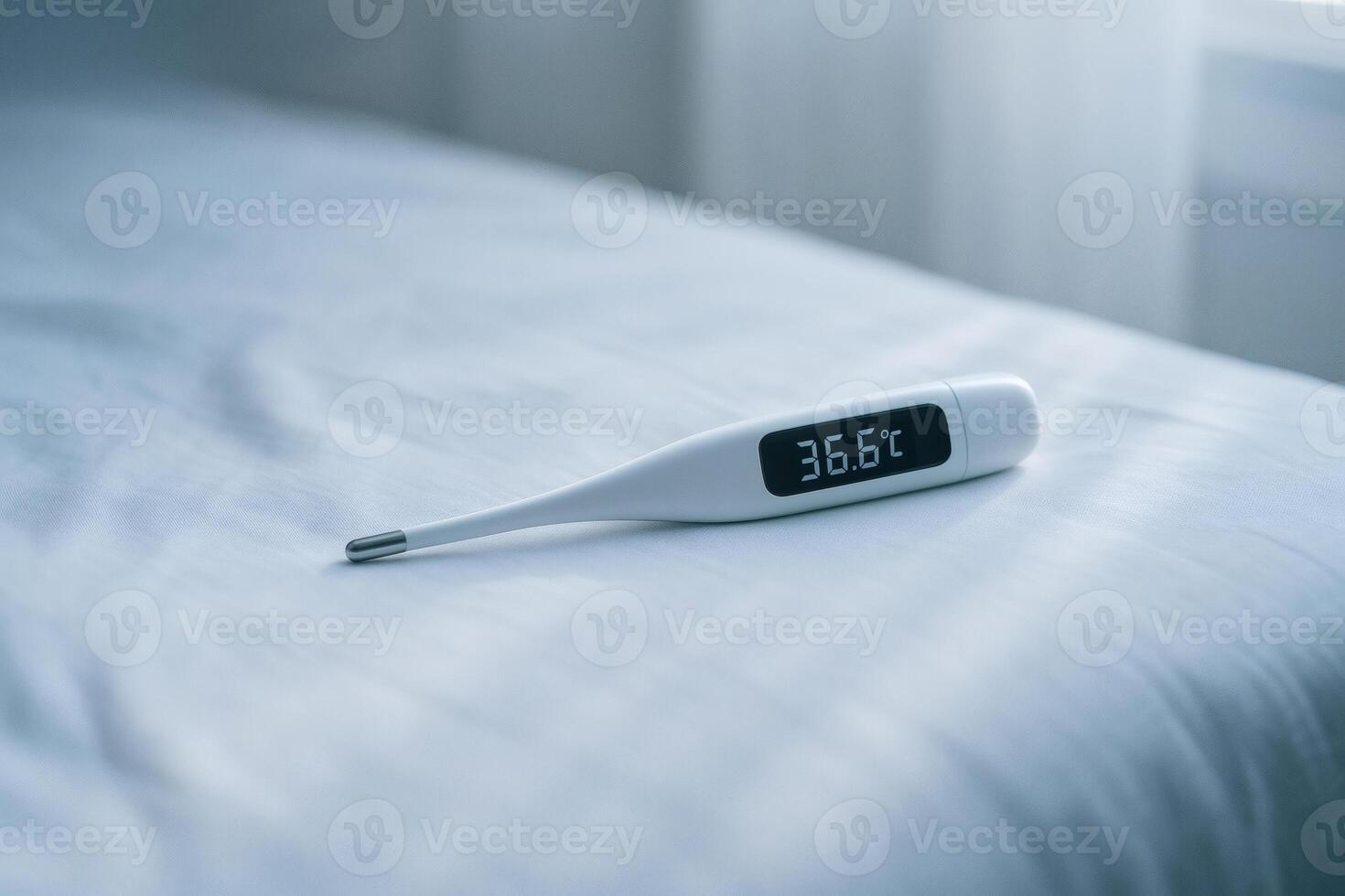 Digital thermometer on bed with 36.6 C reading, home healthcare, fever check and wellness monitoring with copy space photo