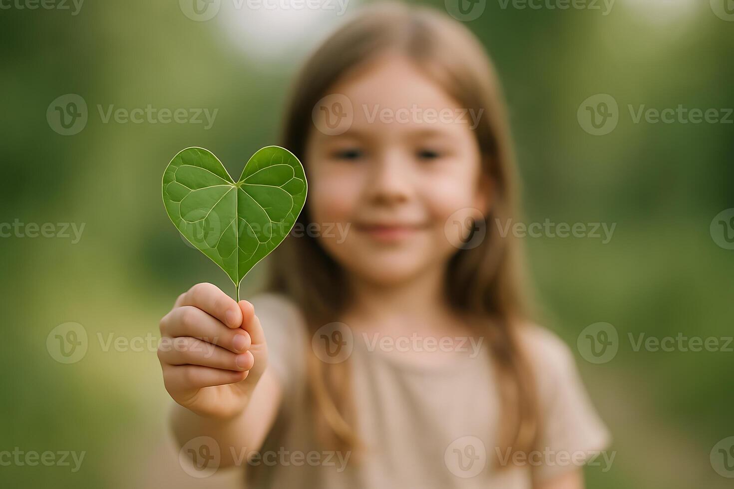Child holding green heart-shaped leaf outdoors, eco education, love for nature, environmental awareness, green future symbol photo