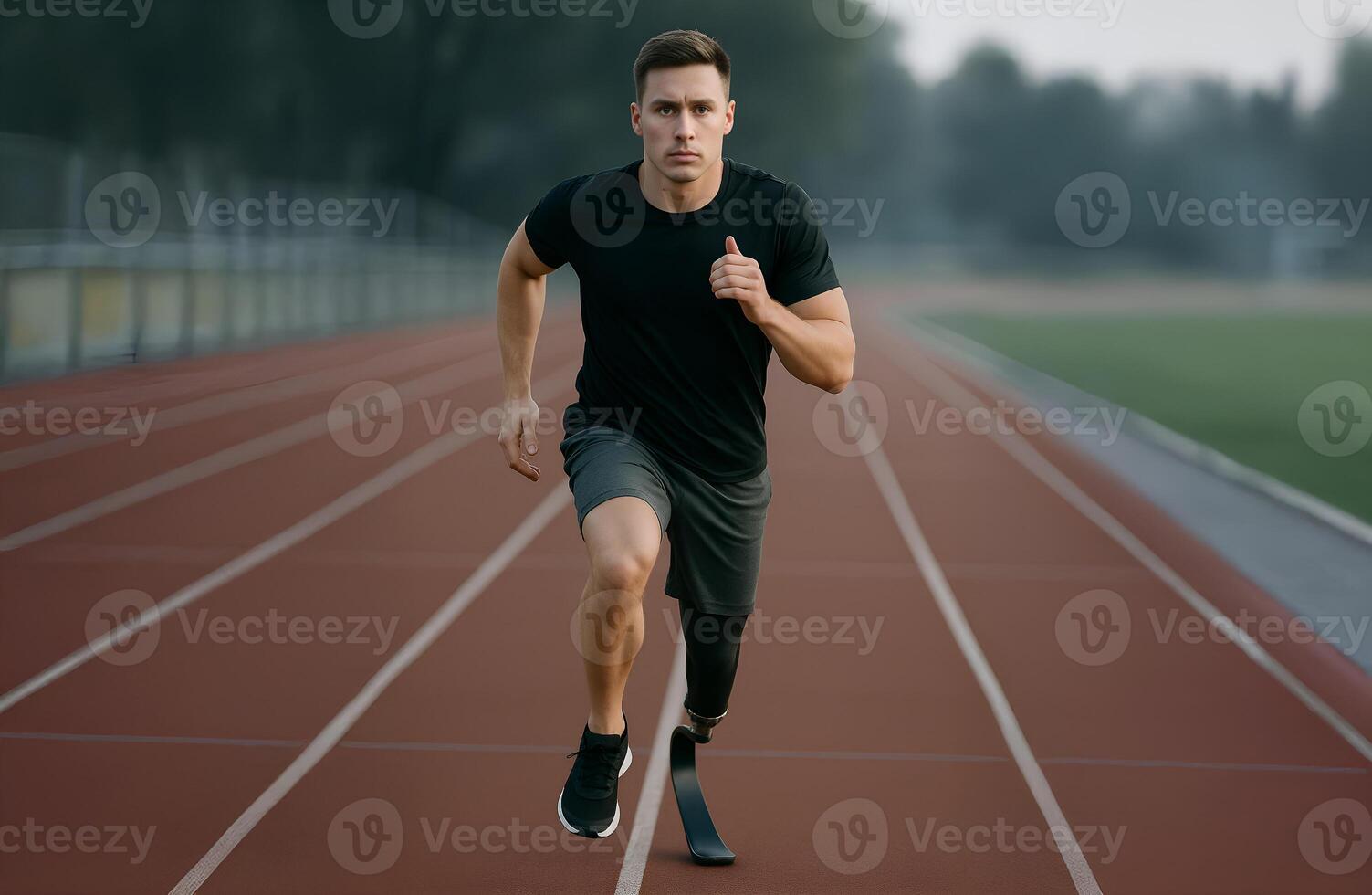 Runner with prosthetic leg training on track, adaptive athletics, disability empowerment, inclusive sports, inspirational athlete photo