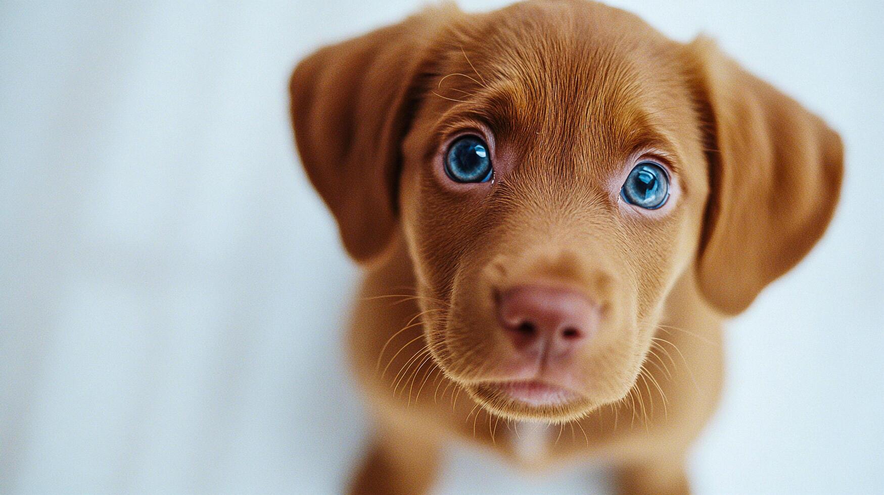 Charming brown puppy with blue eyes gazing directly up at the camera from above. Adorable brown puppy with striking blue eyes looks directly up at the camera, displaying an innocent curious expression photo