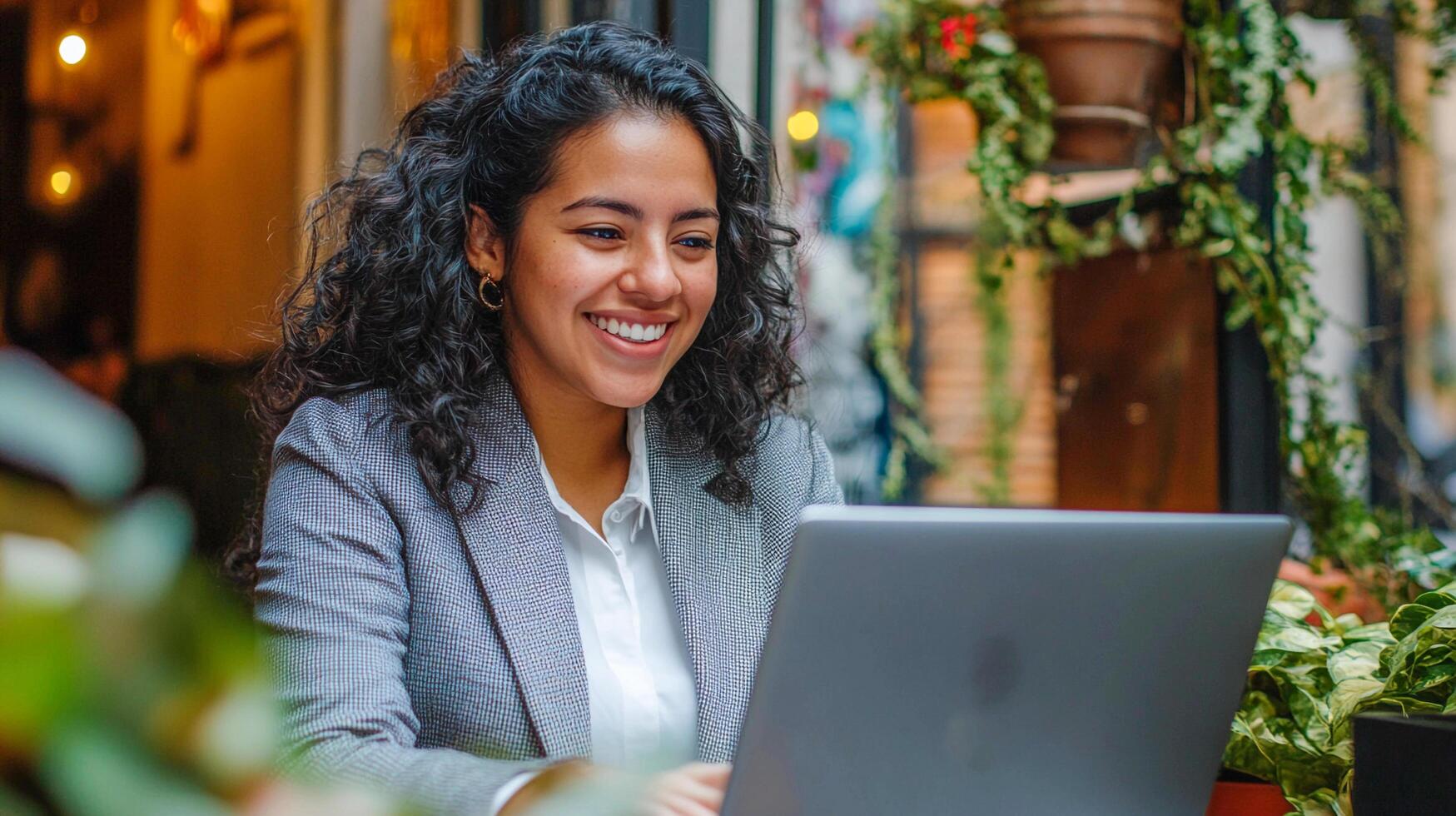 Attractive woman with curly hair, working and smiling on laptop in a cafe setting. A smiling woman with curly hair works on a laptop in an outdoor cafe. Eengaged and content lady is doing her task. photo