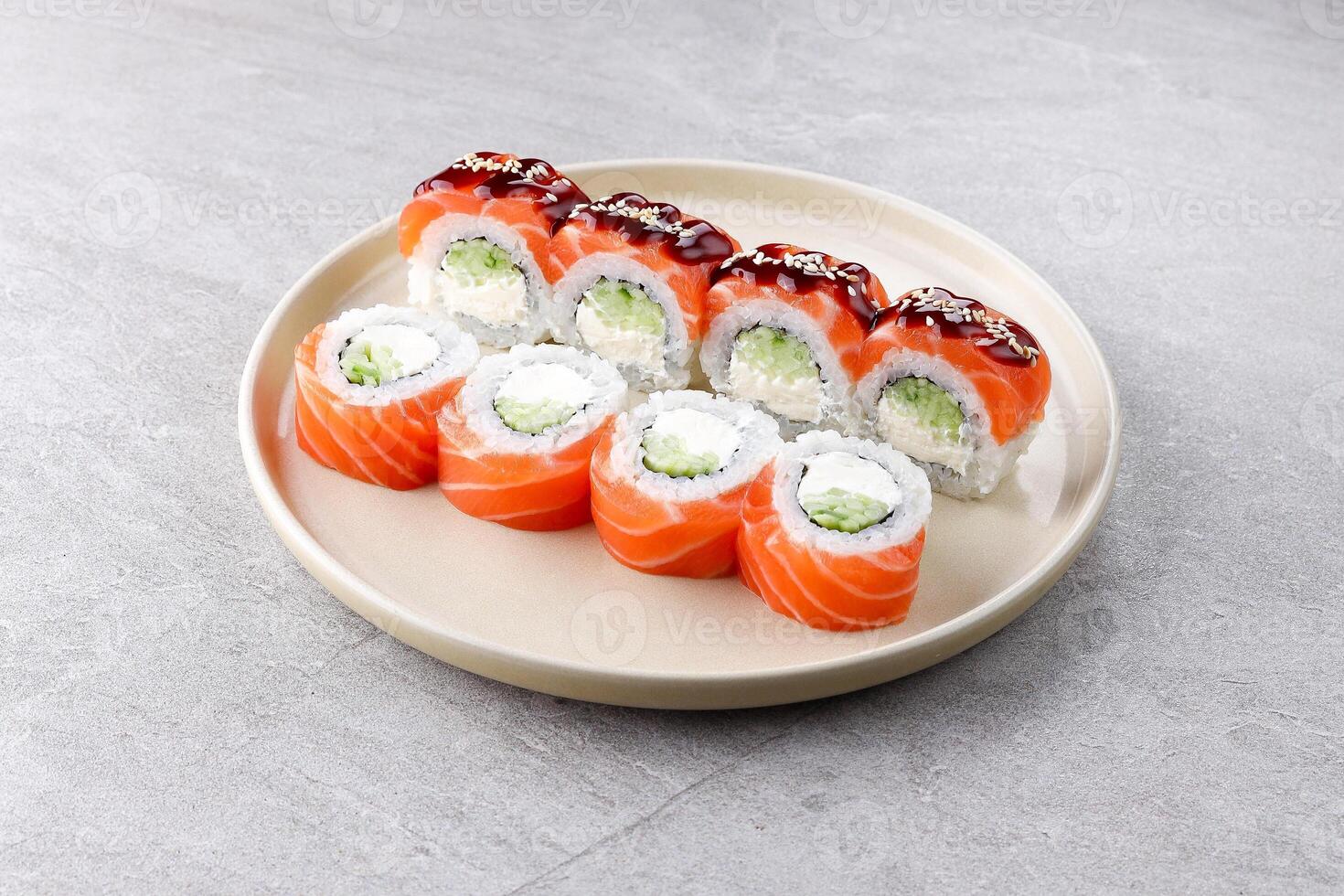 Salmon Philadelphia Sushi Roll with Cream Cheese and Cucumber photo